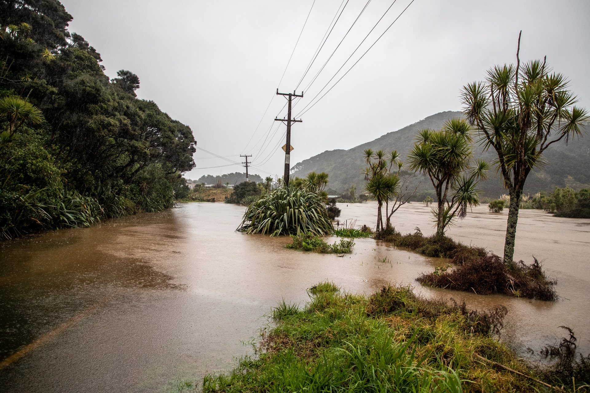 Flooding in Te Henga, Bethells Road. Photo / Michael Craig