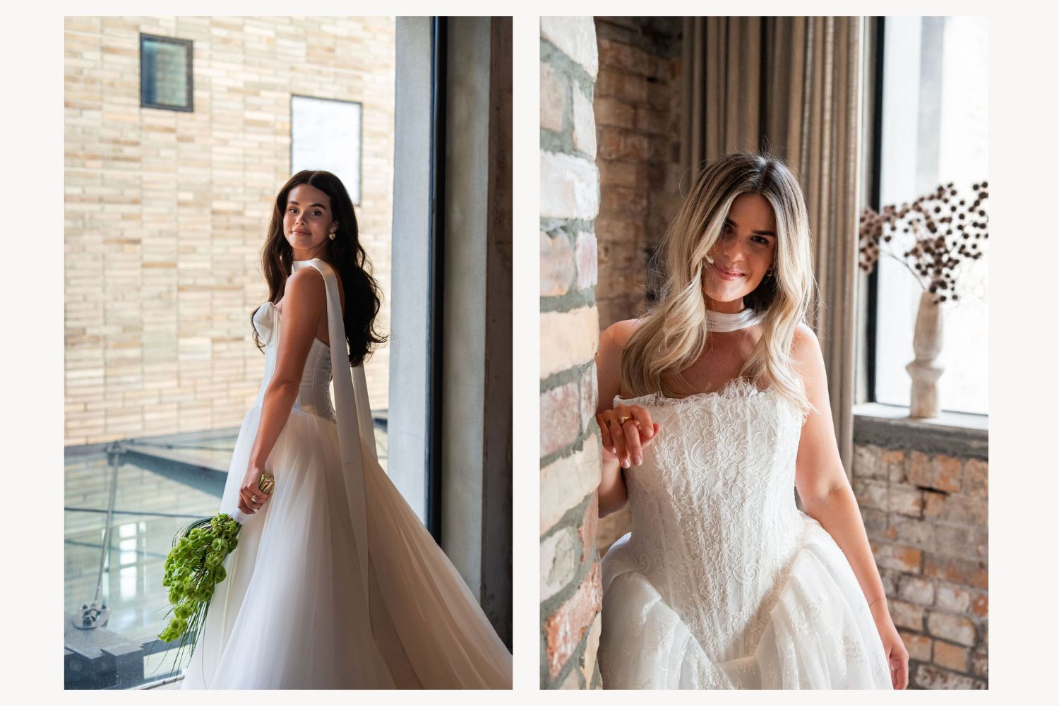 Left to right: Emily Mitchell wears a custom Florence: 'No embellishment – only pure structure and proportion. The skirt releases into a rounded cloud of hand-layered tulle.' Bianca wears the Lavinia: 'The corseted bodice cinches elegantly before unfolding into a full textural skirt.' Photo / Supplied