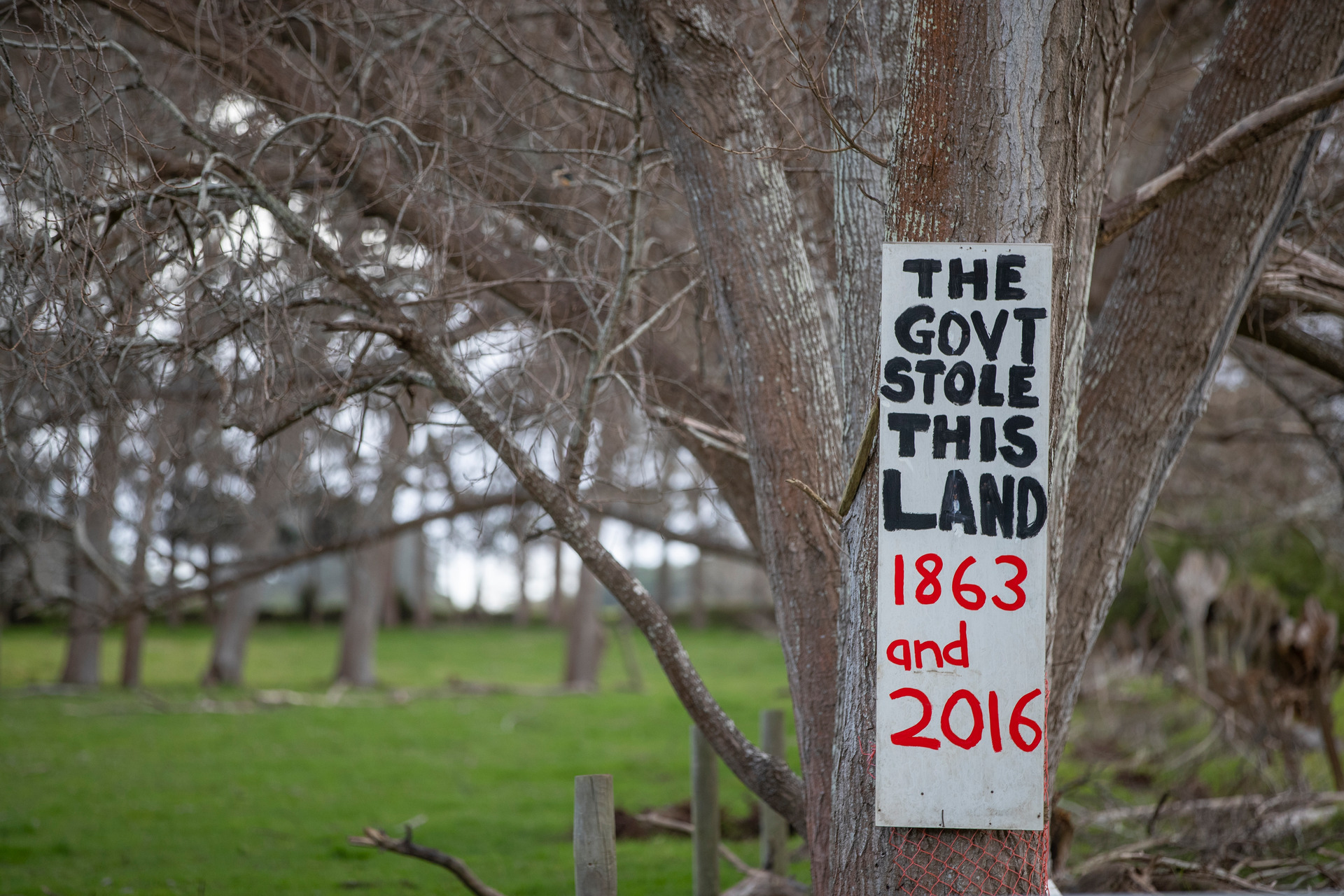 Signs at the Ihumatao land protest in Mangere, South Auckland. Photo / Peter Meecham