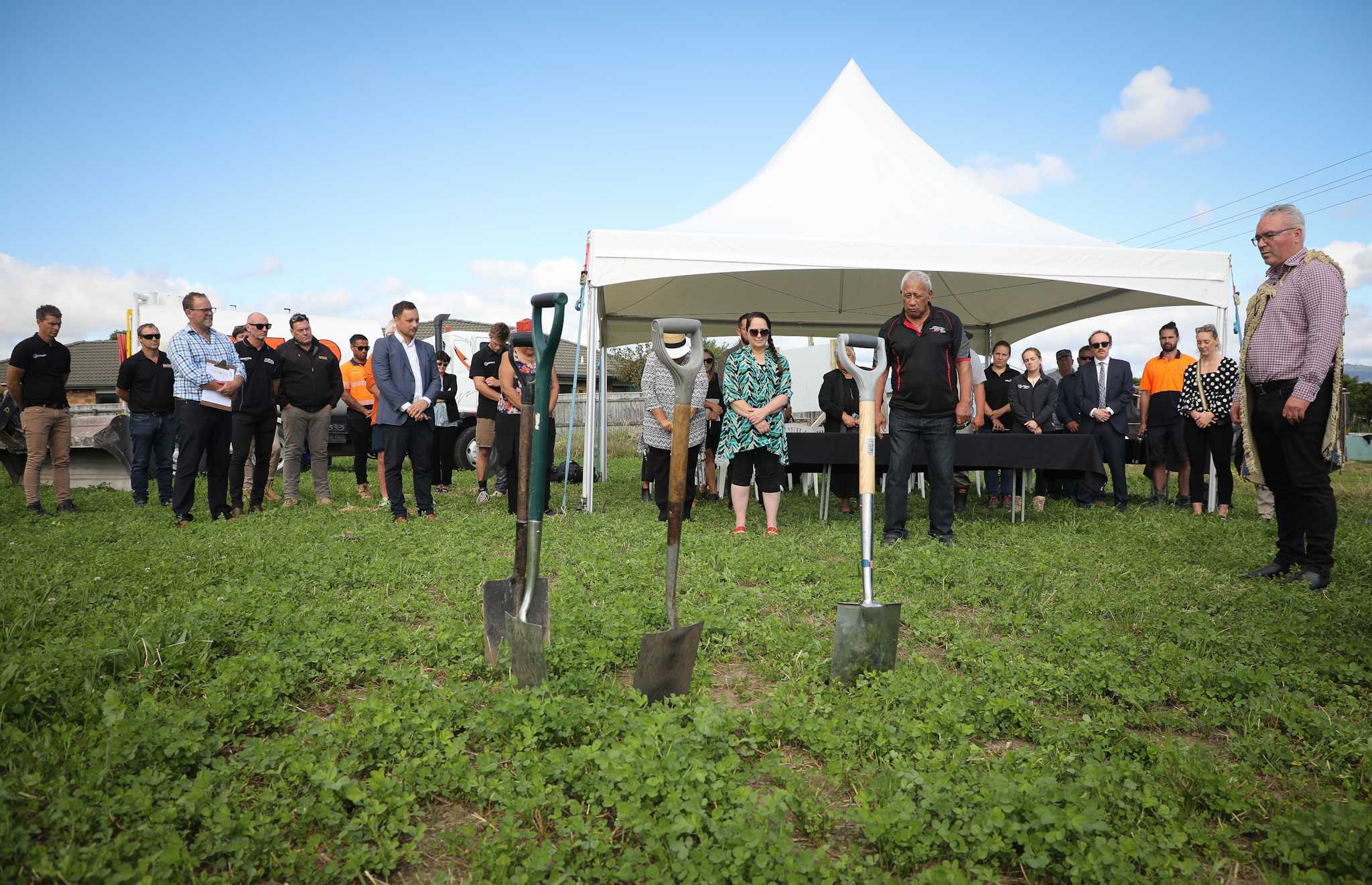Invited guests gather at the soil turning ceremony at iwi land off Ōwhata Rd. Photo / Andrew Warner