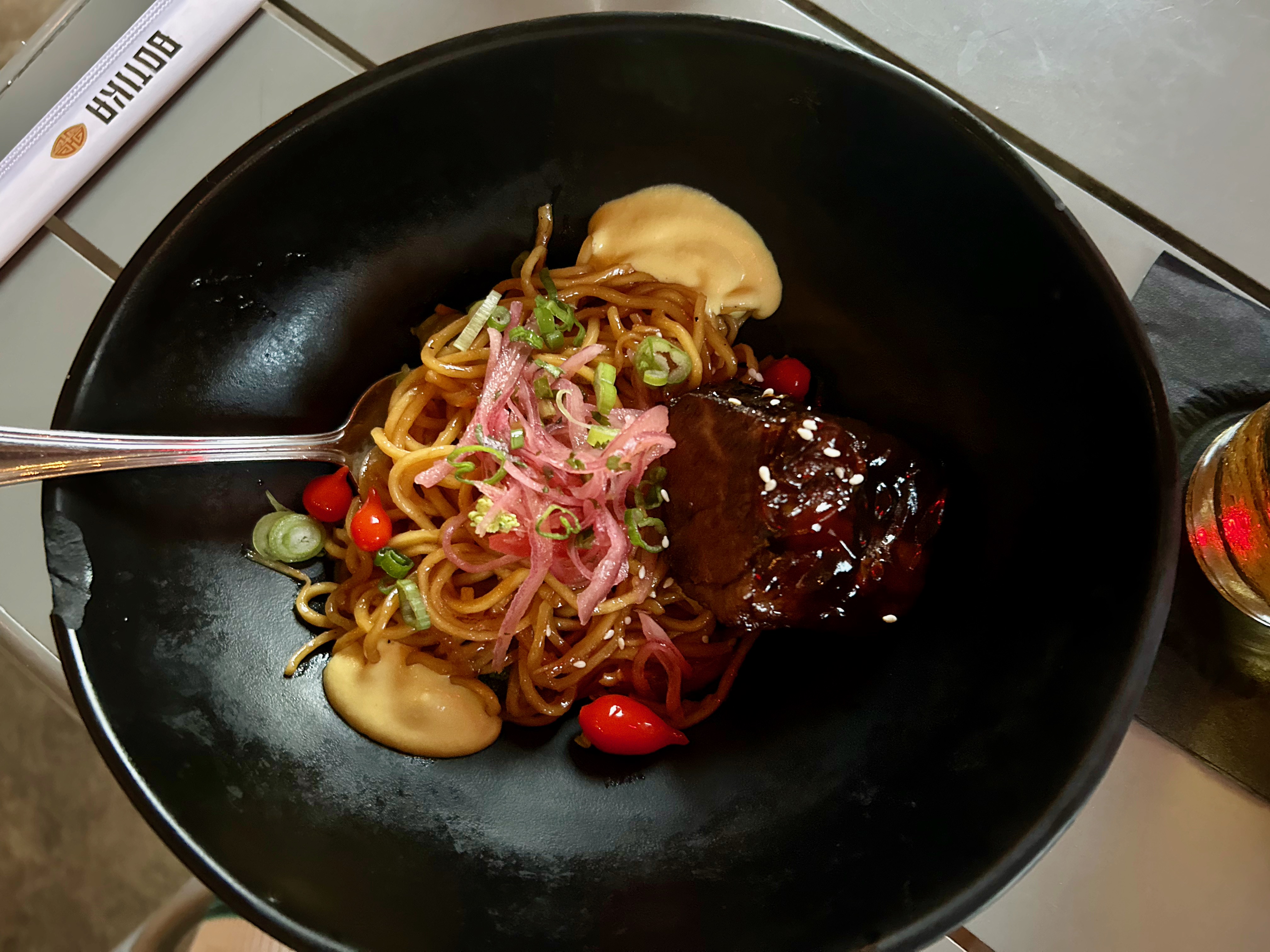 Botika creates innovative Asian-Peruvian dishes including short rib with yakisoba noodles. Photo / Yvette Cook