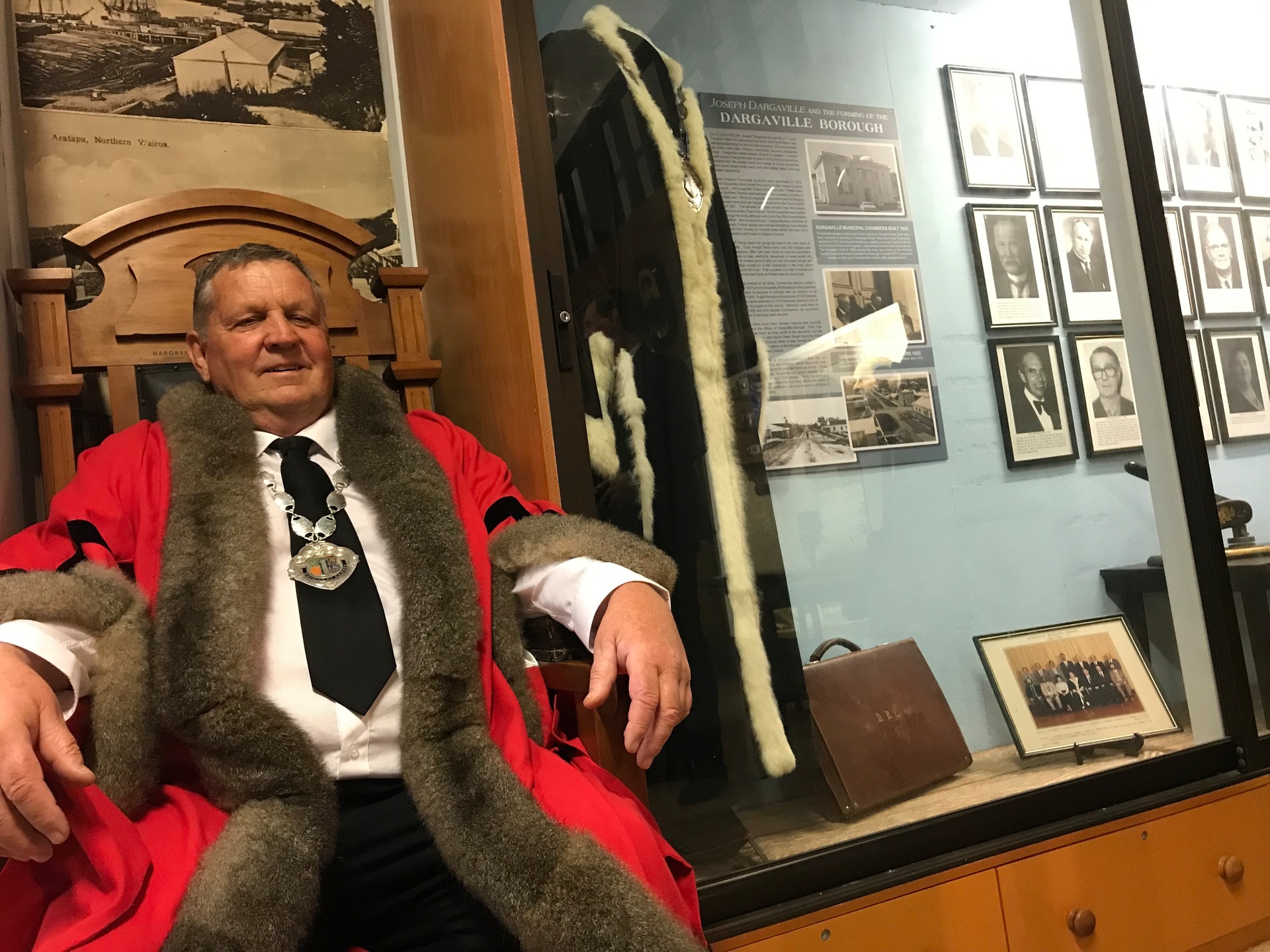 Kaipara Mayor Craig Jepson in the former Dargaville Borough's Mayoral Chair. Photo / Susan Botting