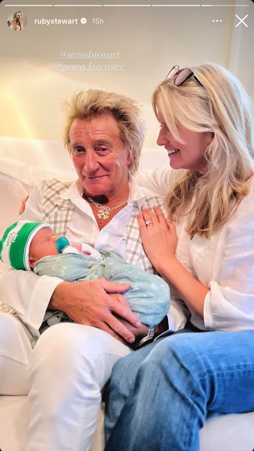 Sir Rod Stewart looked like a very proud grandfather while meeting his grandson, Otis. Photo / Instagram