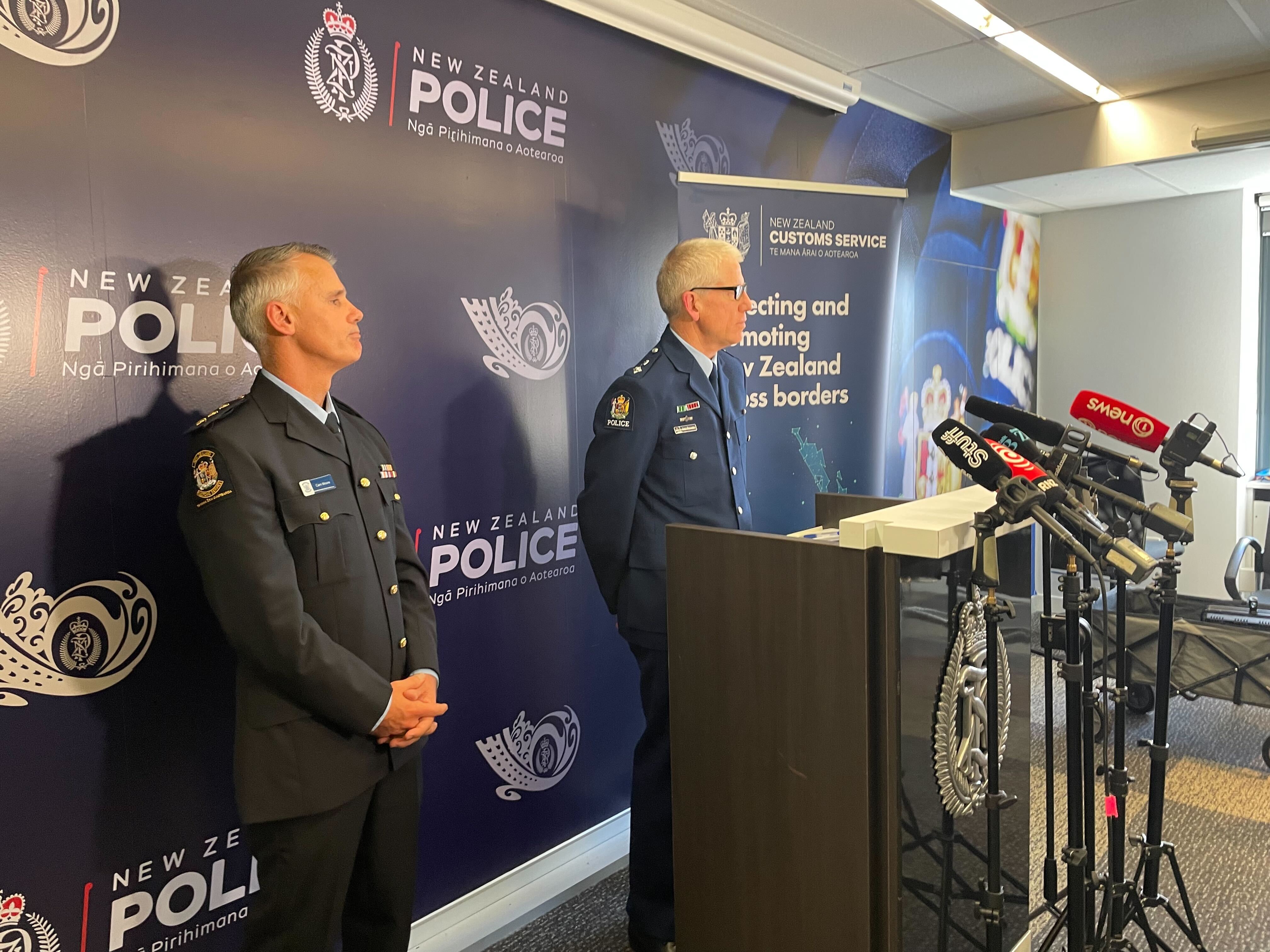 Detective Superintendent Greg Williams (speaking) and Customs NZ investigations manager Cam Moore.