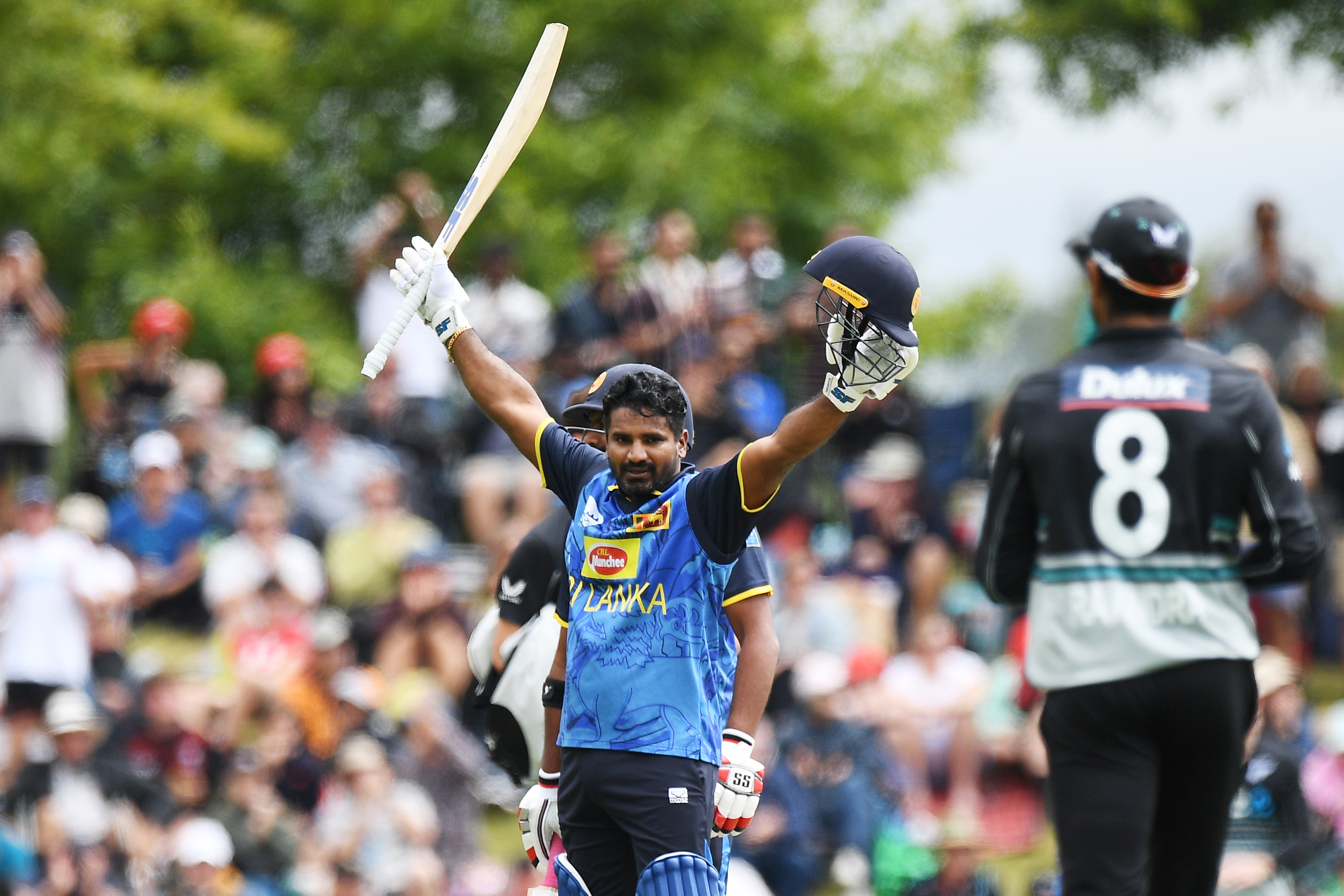 Kusal Perera celebrates his century during the third T20. Photo / Photosport