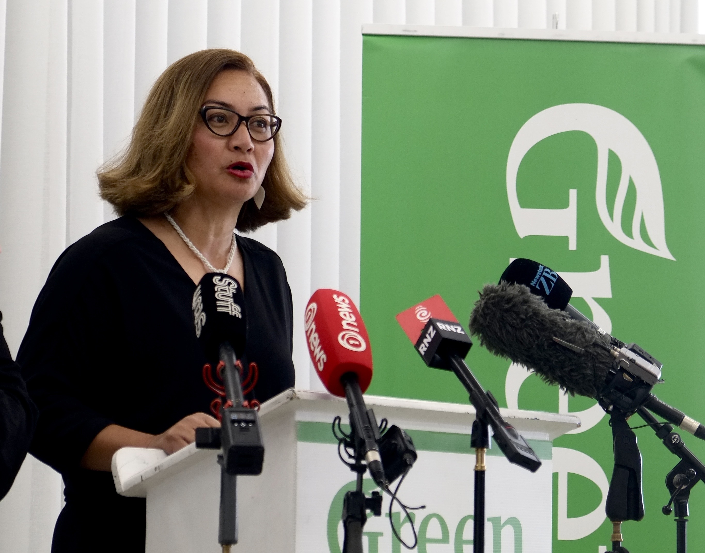 Green Party co-leader Marama Davidson speaking at the party's State of the Planet event in Auckland today. Photo / Alex Robertson
