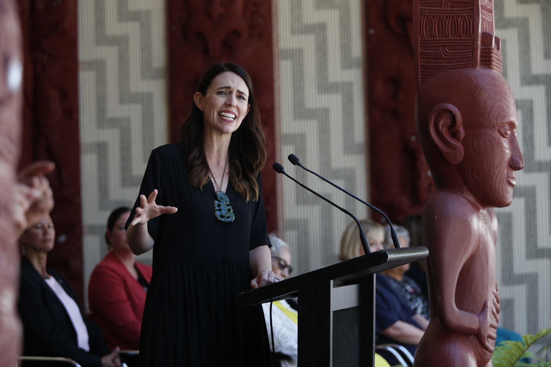 Prime Minister Jacinda Ardern speaking at the Upper Marae, Waitangi. Photo / Michael Cunningham 