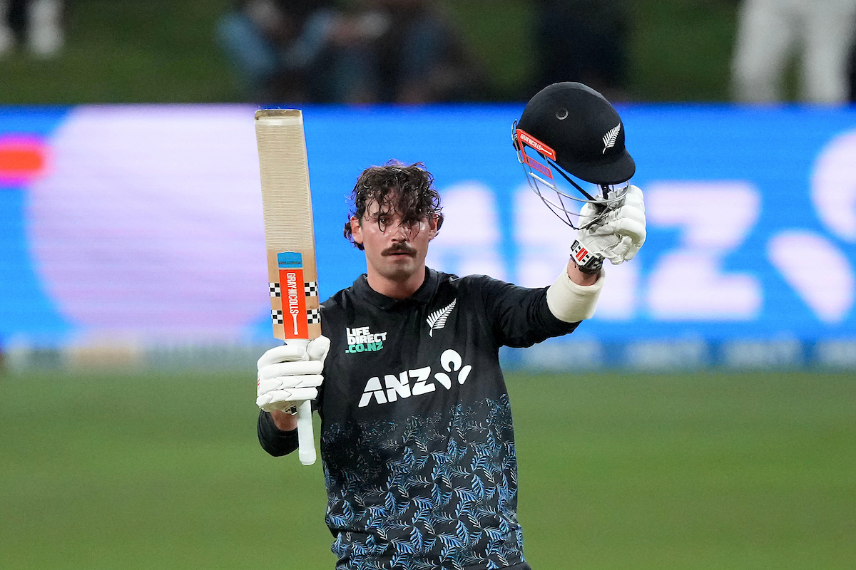 Tim Robinson celebrates his century against Australia. Photo / Photosport