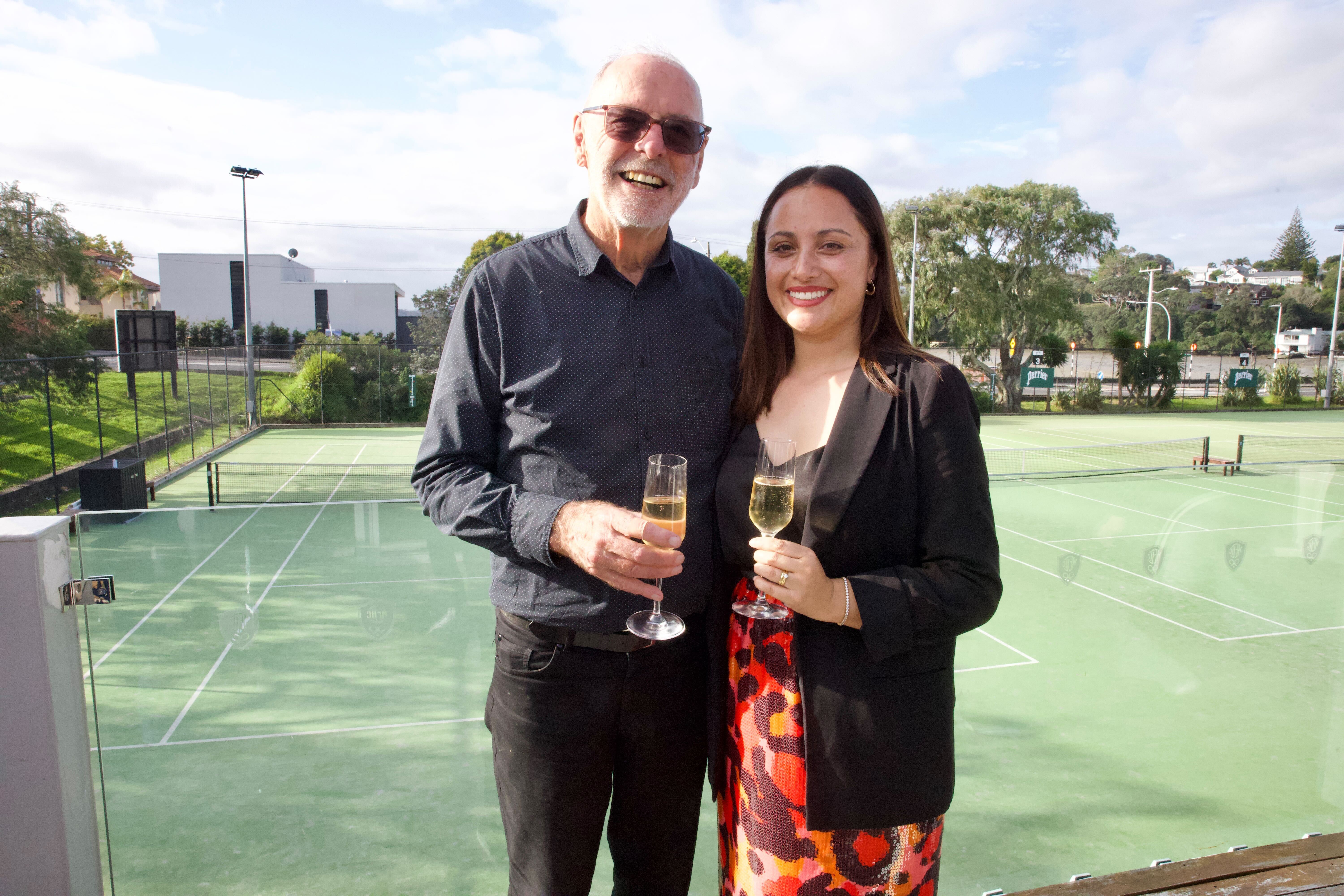 Wayne Brown at his celebration event with new councillor Victoria Short at the Westend Tennis Club after being re-elected as Auckland's new mayor. Photo / Jason Dorday