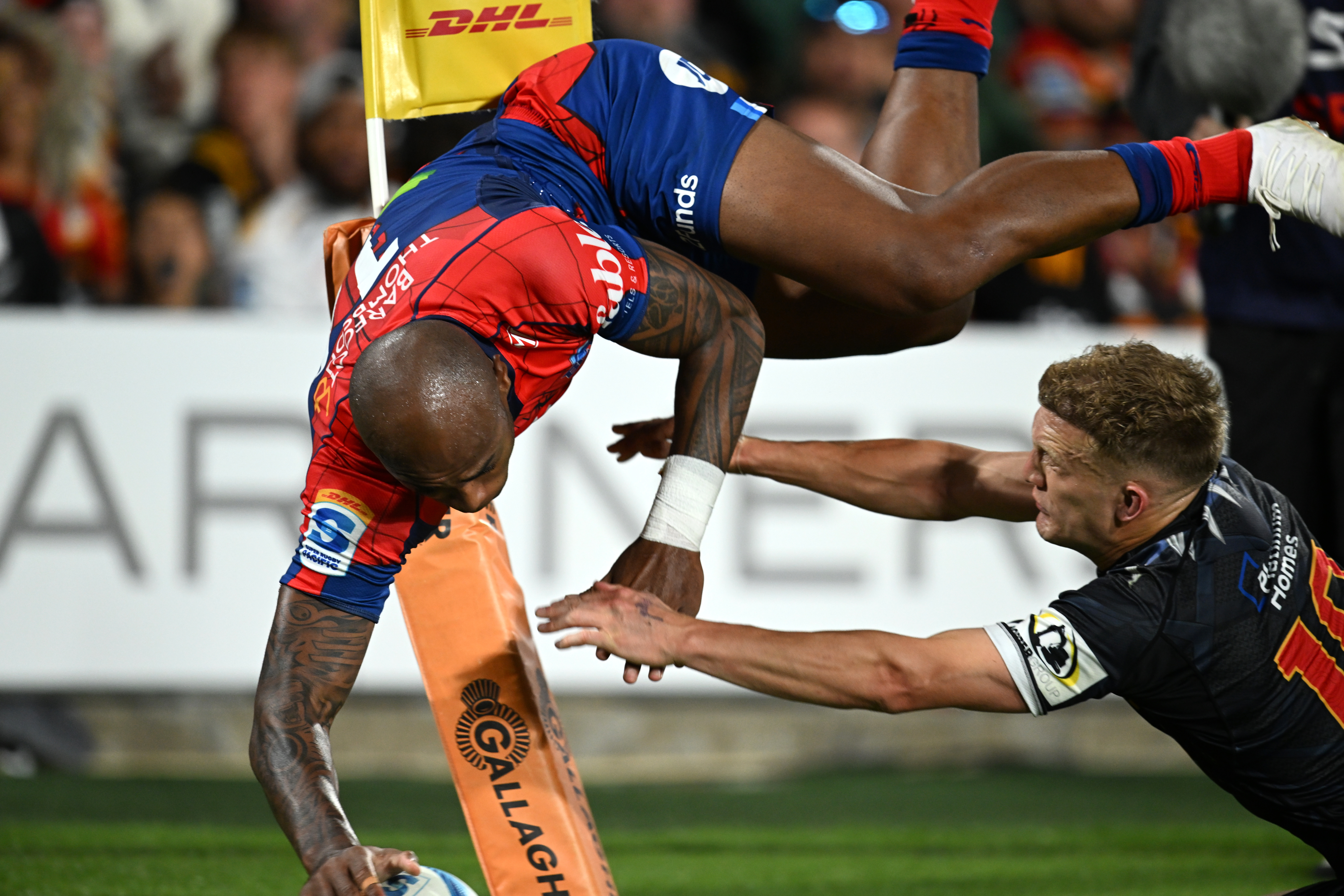 Mark Tele’a of the Blues scores against the Chiefs. Photo / Photosport