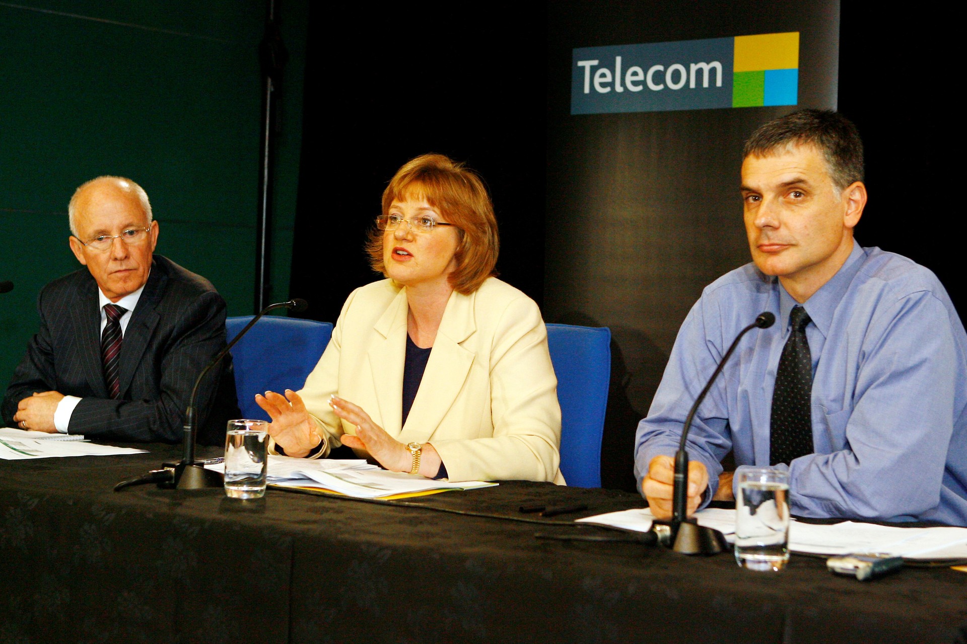 Theresea Gattung (centre) was the first female chief executive of an NZX-listed company. She's pictured here in 2007 between then-Telecom New Zealand chairman Wayne Boyd (left) and chief financial officer Marko Bogoievski - who also now works in venture capital.
