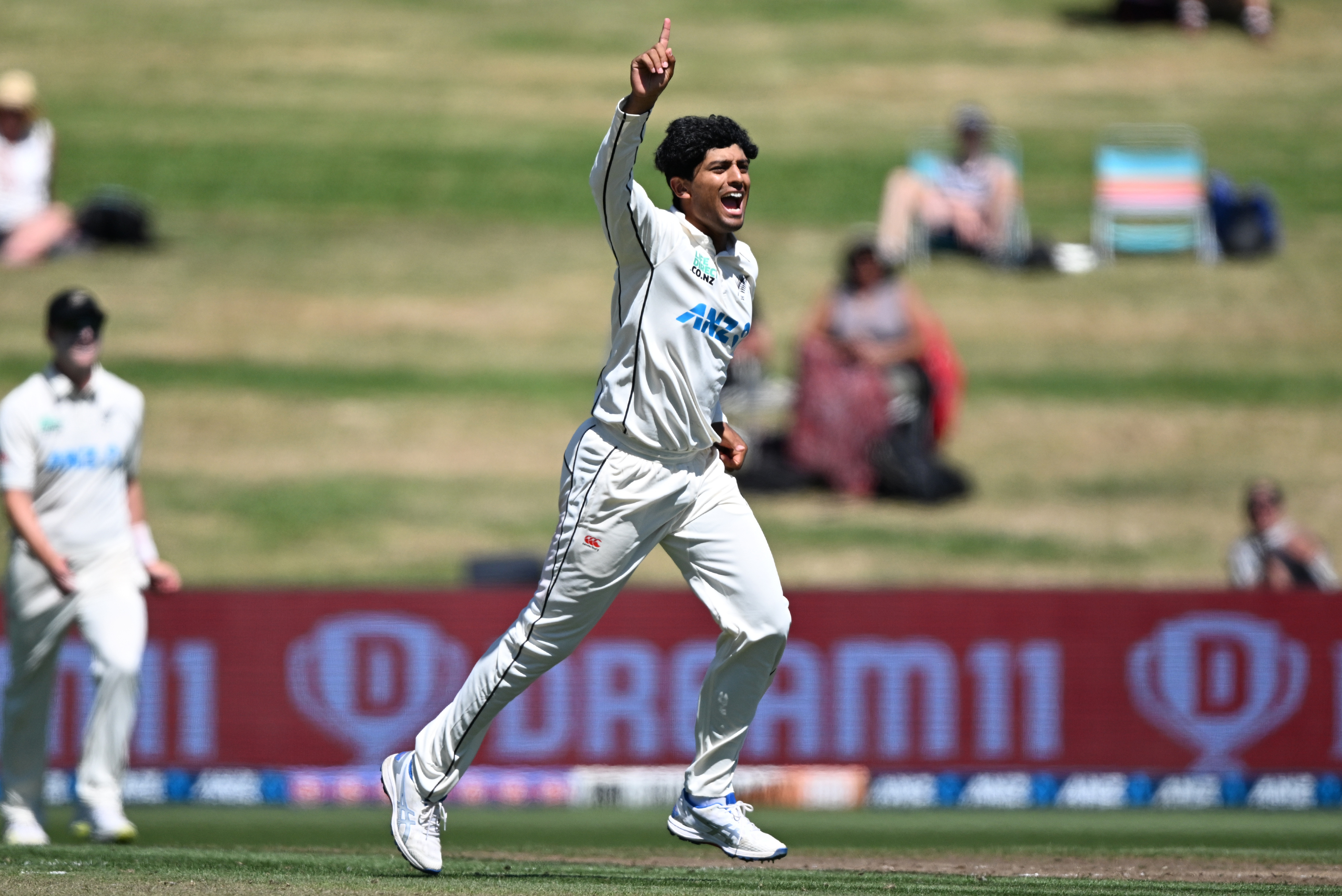 Rachin Ravindra celebrates the wicket of Keegan Petersen at Seddon Park. Photo / Photosport