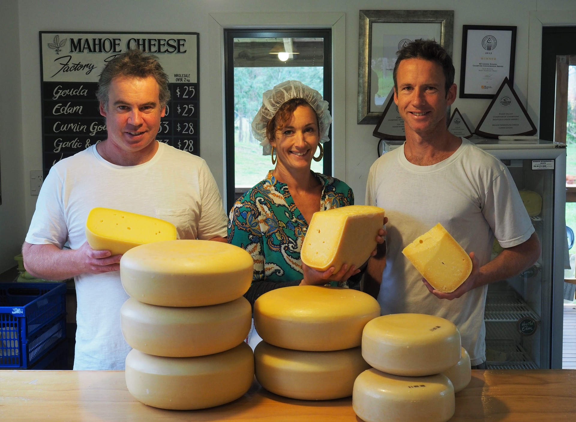 Champion cheesemakers Jesse Rosevear (left), Hanna Cleghorn and Jake Rosevear at Mahoe Farmhouse Cheese in Oromahoe. Photo / Peter de Graaf