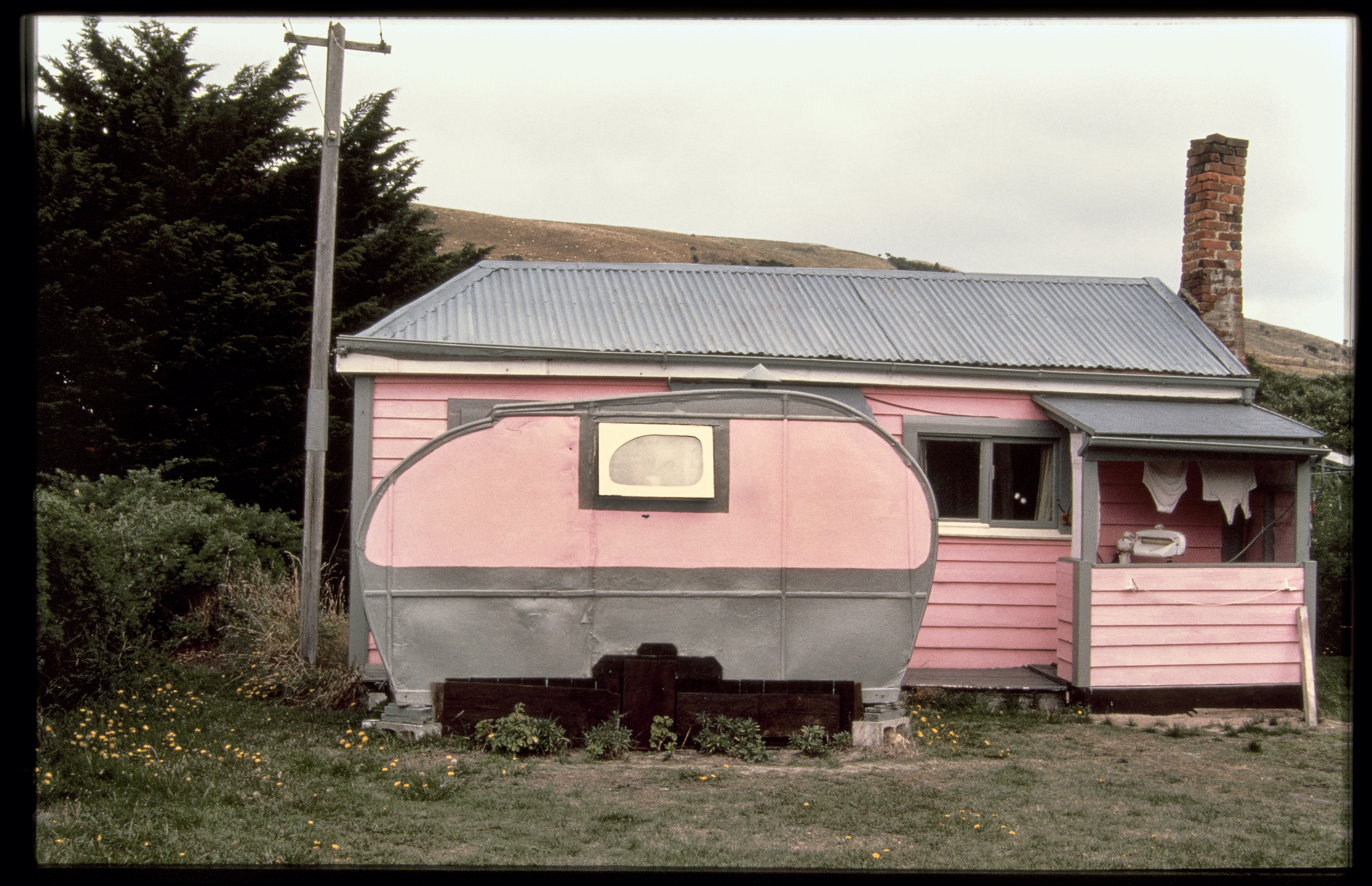 Pink caravan, Harwood. A classic pink caravan with matching crib. Otago Peninsula. Photo / Robin Morrison