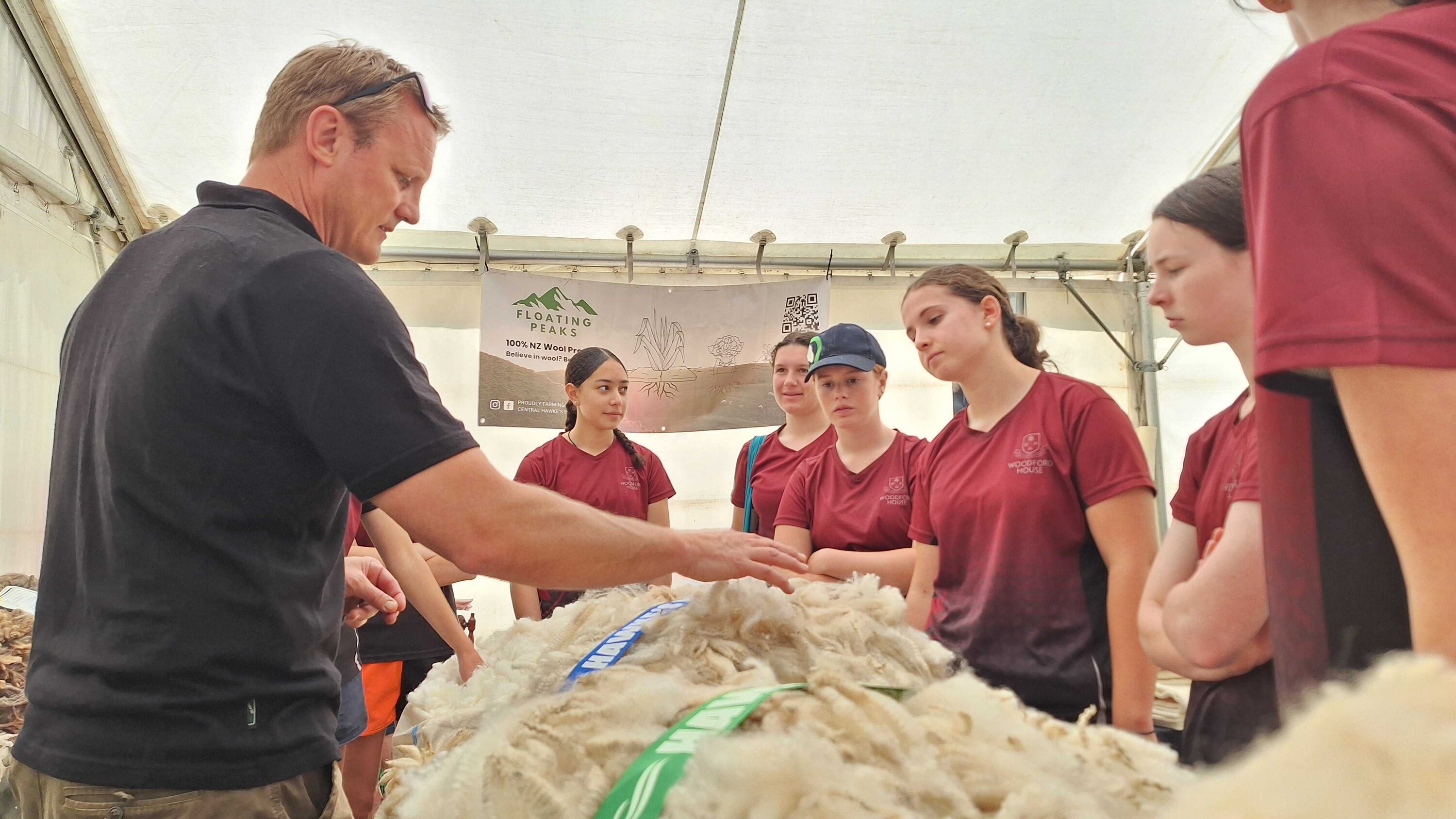 Scott Small, the North Island wool manager for Wools NZ, was on hand teaching students from Woodford House about wool and its uses. Photo / Michaela Gower