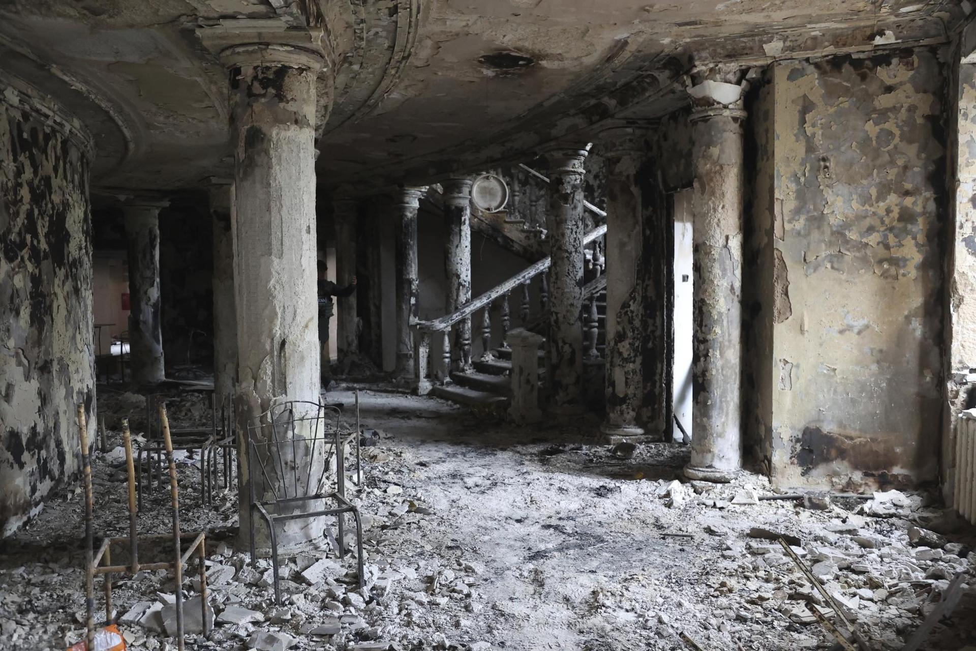 Debris covers the inside of the Donetsk Academic Regional Drama Theatre following a March 16, 2022, bombing in Mariupol, Ukraine. Photo / AP
