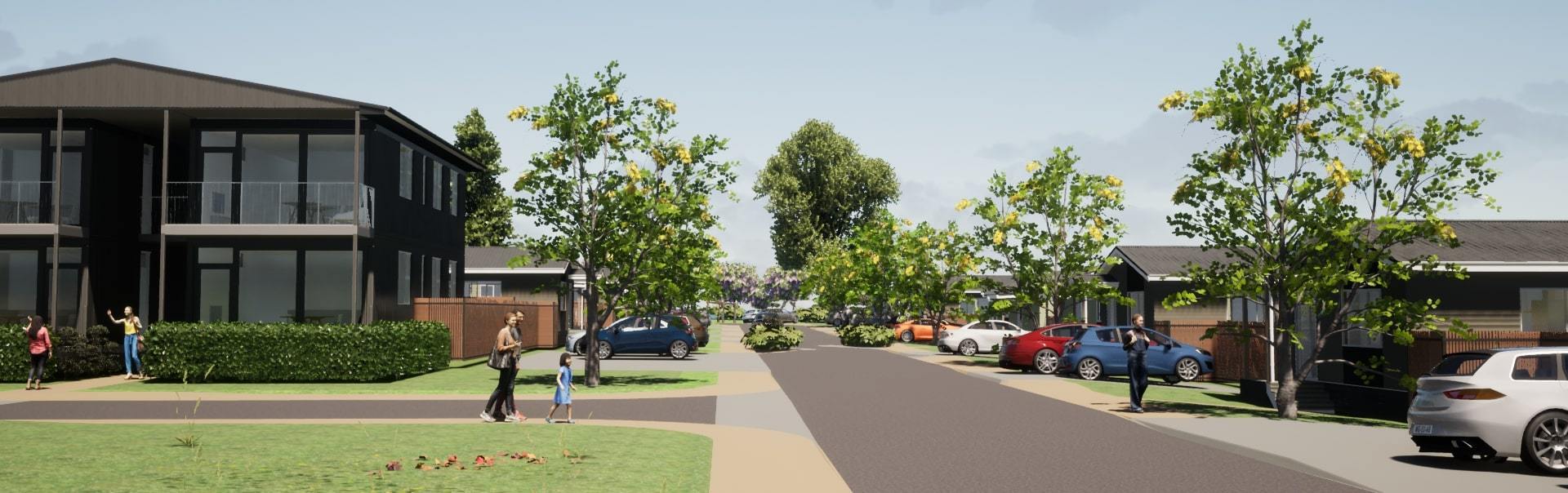 The planned development will also include off-street parking, a community room and green space. Image / Supplied
