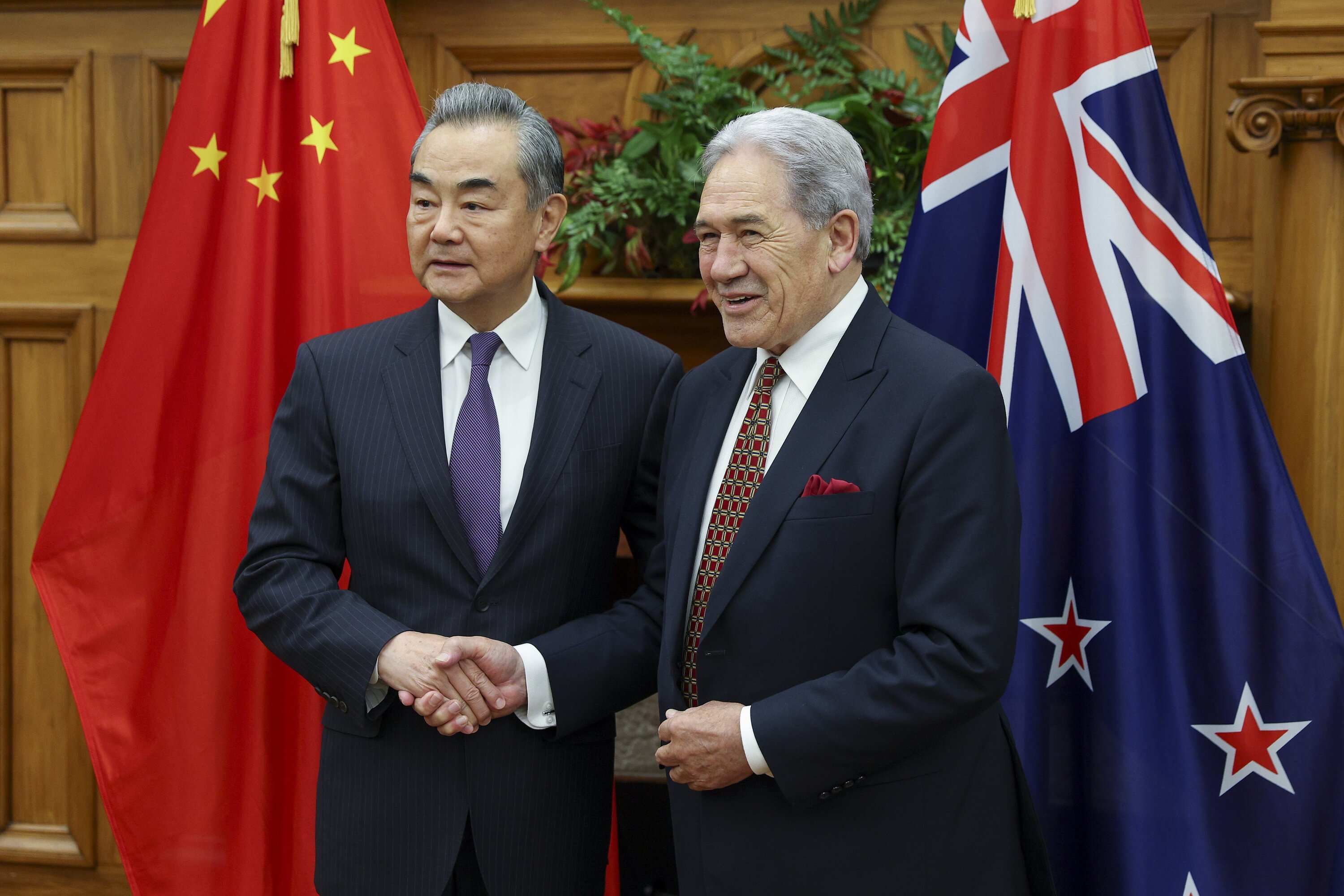 Minister of Foreign Affairs, Winston Peters, and Minister of Foreign Affairs People’s Republic of China, Wang Yi, shakes hands during a bilateral meeting at Parliament. Photo / Getty Images
