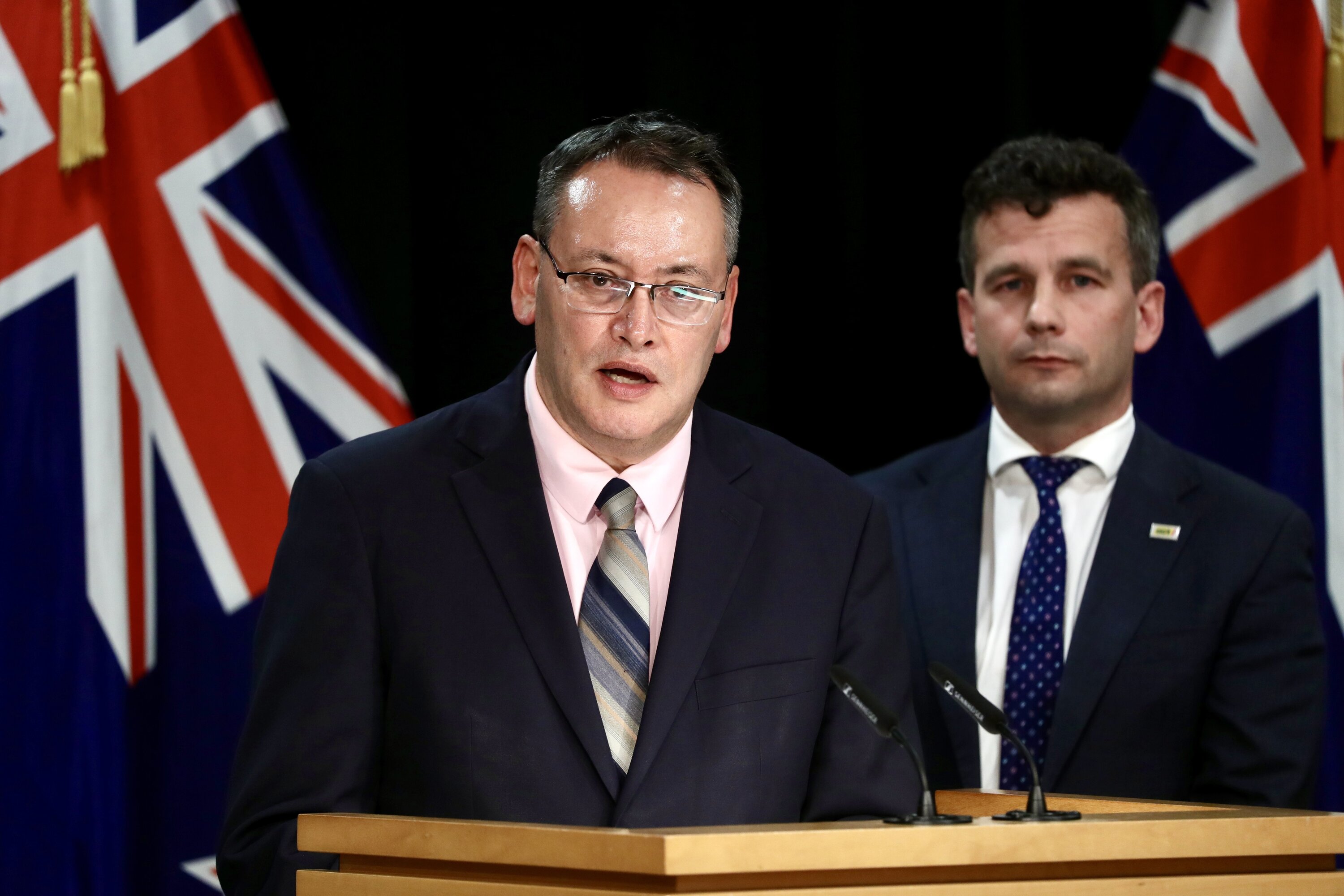 Health Minister Dr Shane Reti (left) with Pharmac Minister David Seymour in the Beehive Theaterette. Photo / Mark Mitchell 