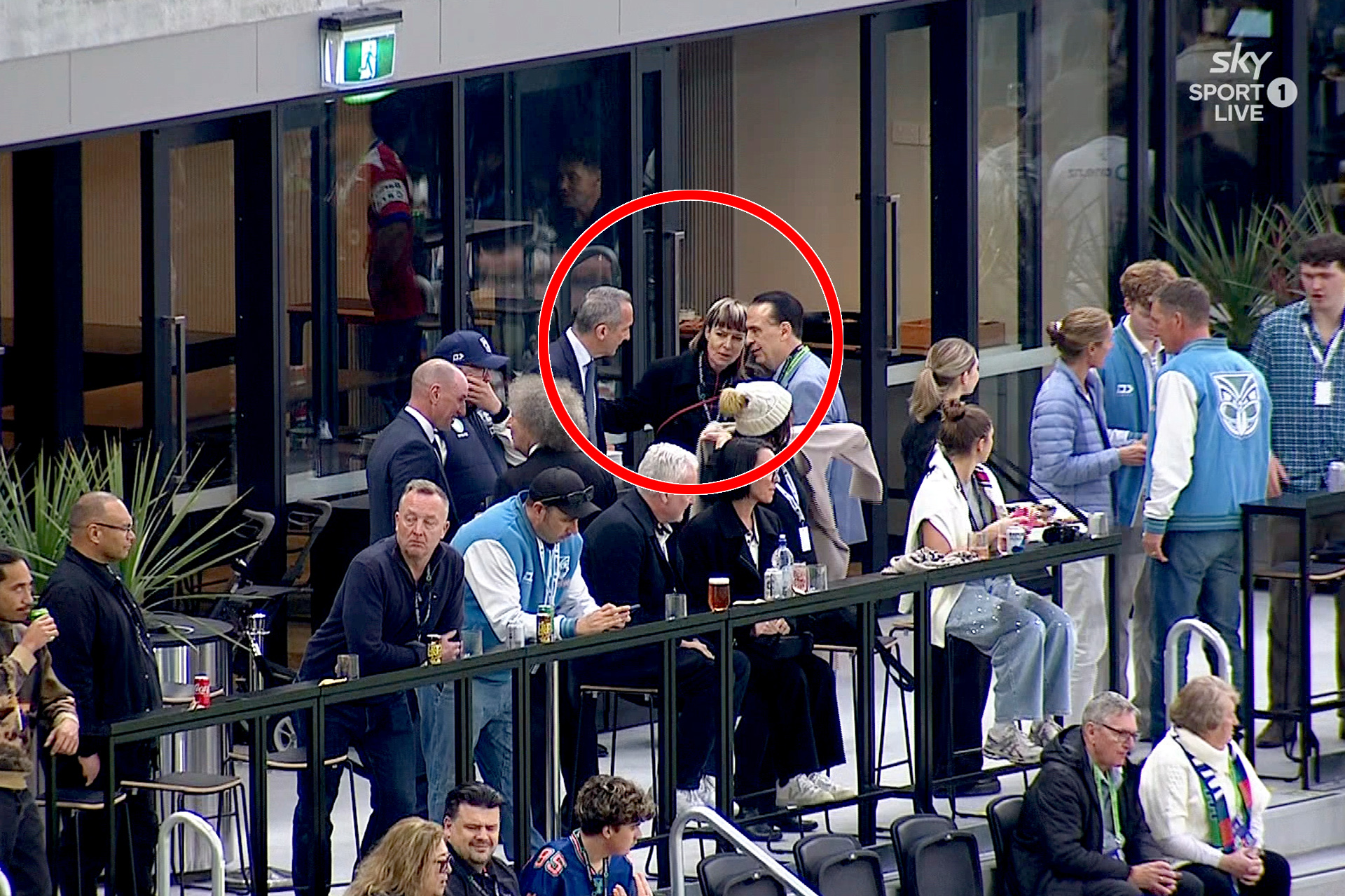 Sky TV chief executive Sophie Moloney with NRL chief executive Andrew Abdo (left) and chair Peter V'landys (right). Screen grab / Sky TV