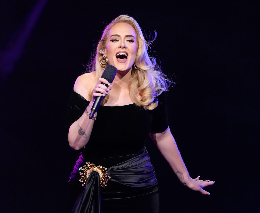 At the start of her Las Vegas residency, Adele wore a velvet Schiaparelli with a satin sash and gold buckle speckled with nipples. Photo / Getty Images