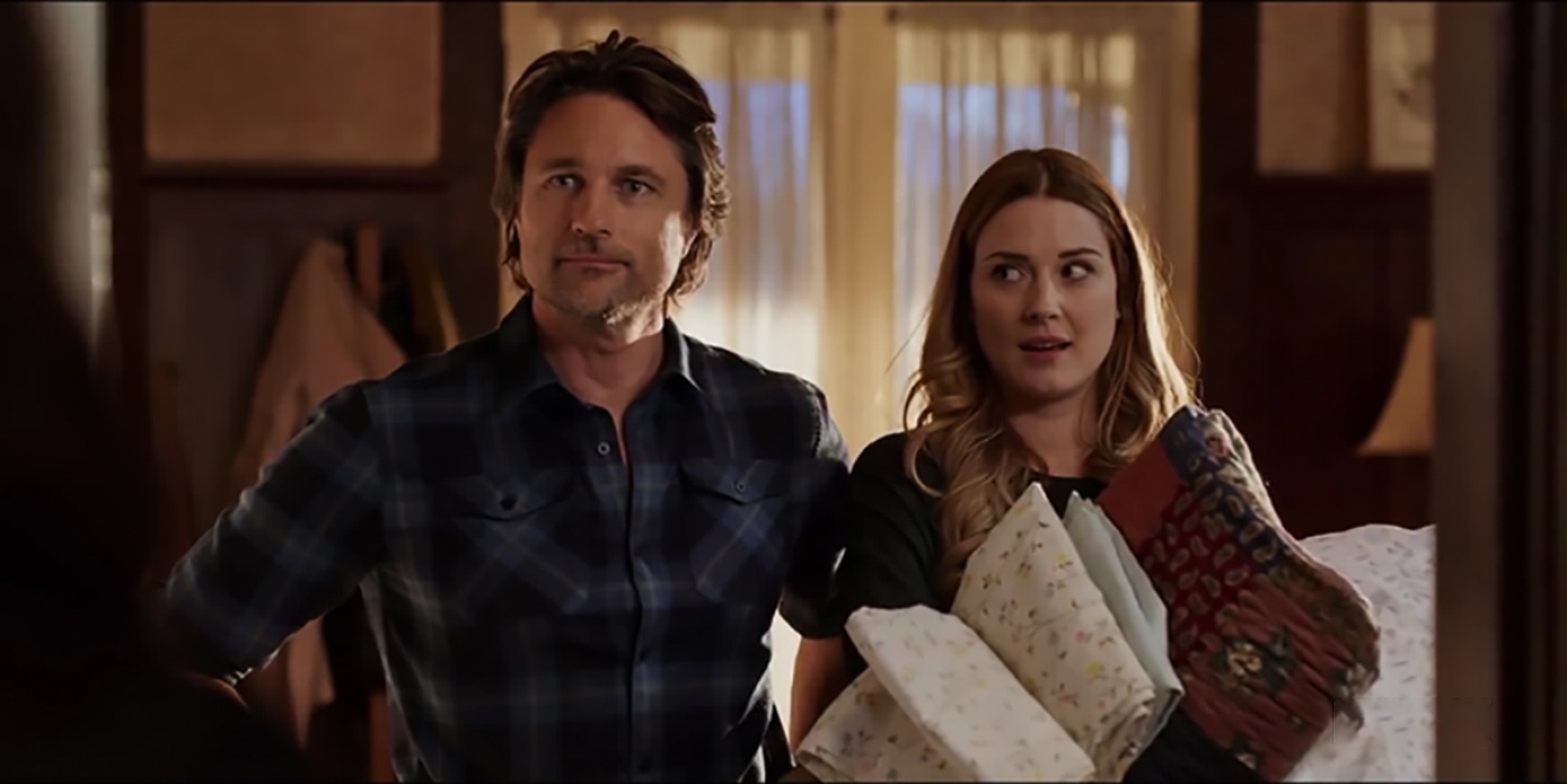 Kiwi actor Martin Henderson, pictured on the set of Virigin River with Alexandra Breckenridge, has been affected by the strike. Photo / Supplied