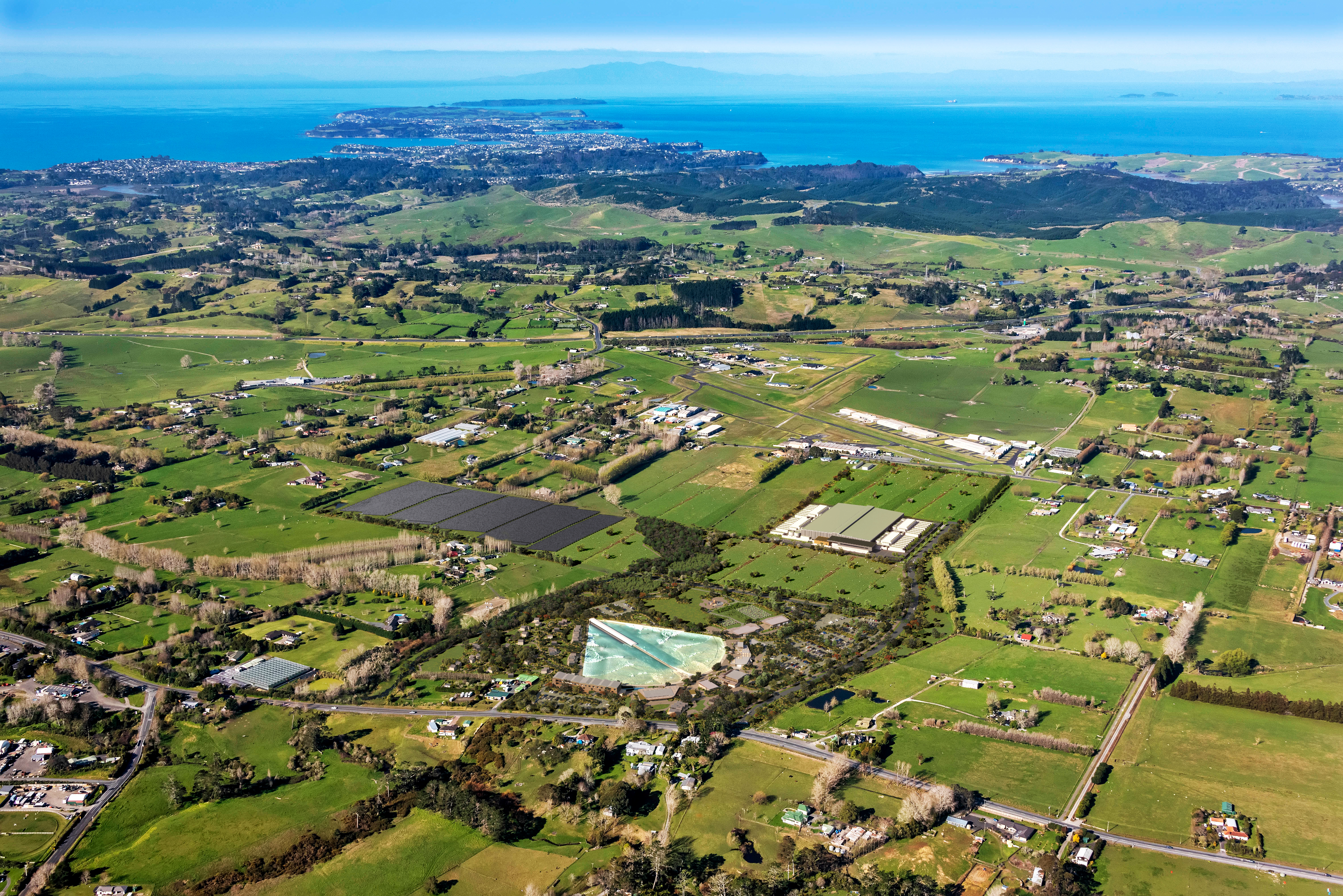 A render of how the proposed Auckland Surf Park will fit into the Dairy Flat landscape.
