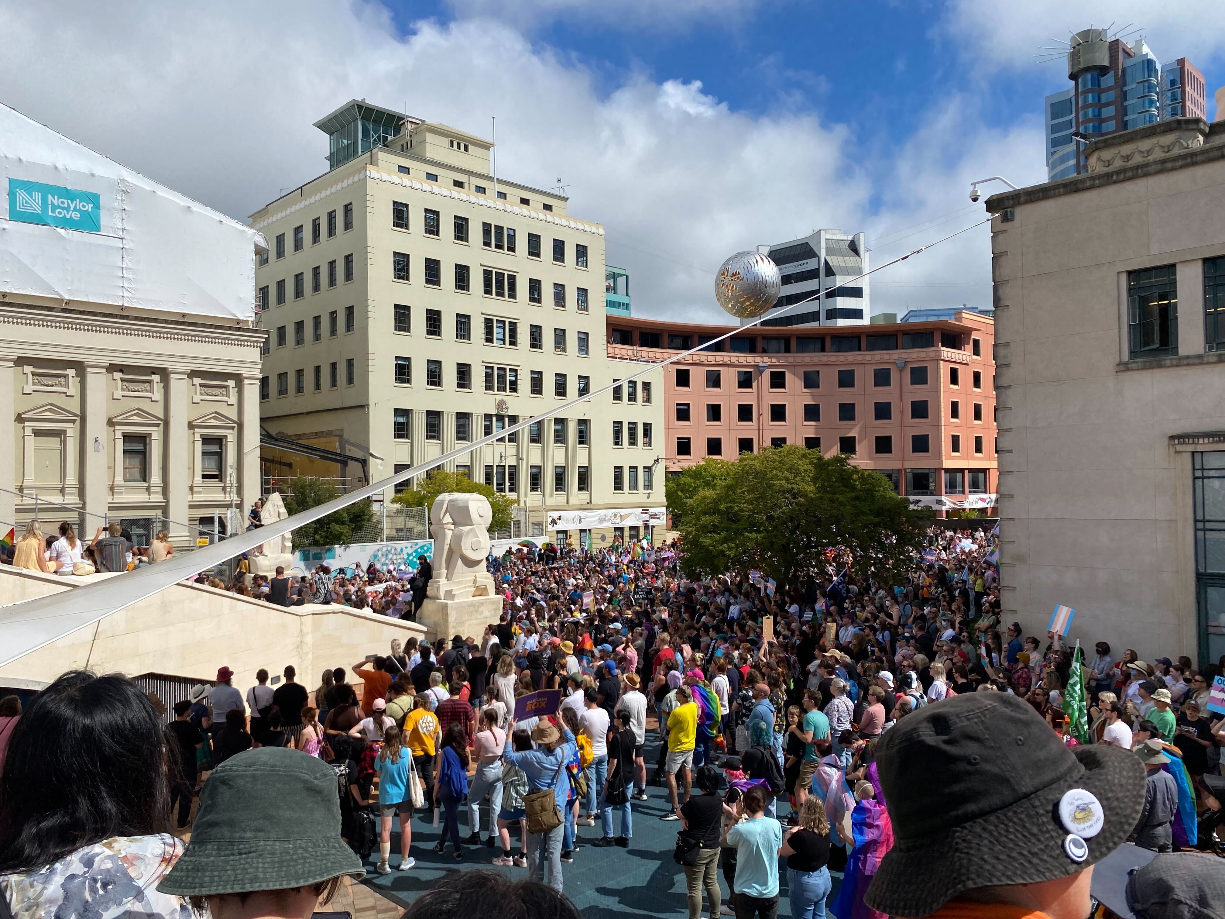 About a thousand people gathered in Wellington's Civic Centre to demonstrate for trans rights. Photo / Vita Molyneux