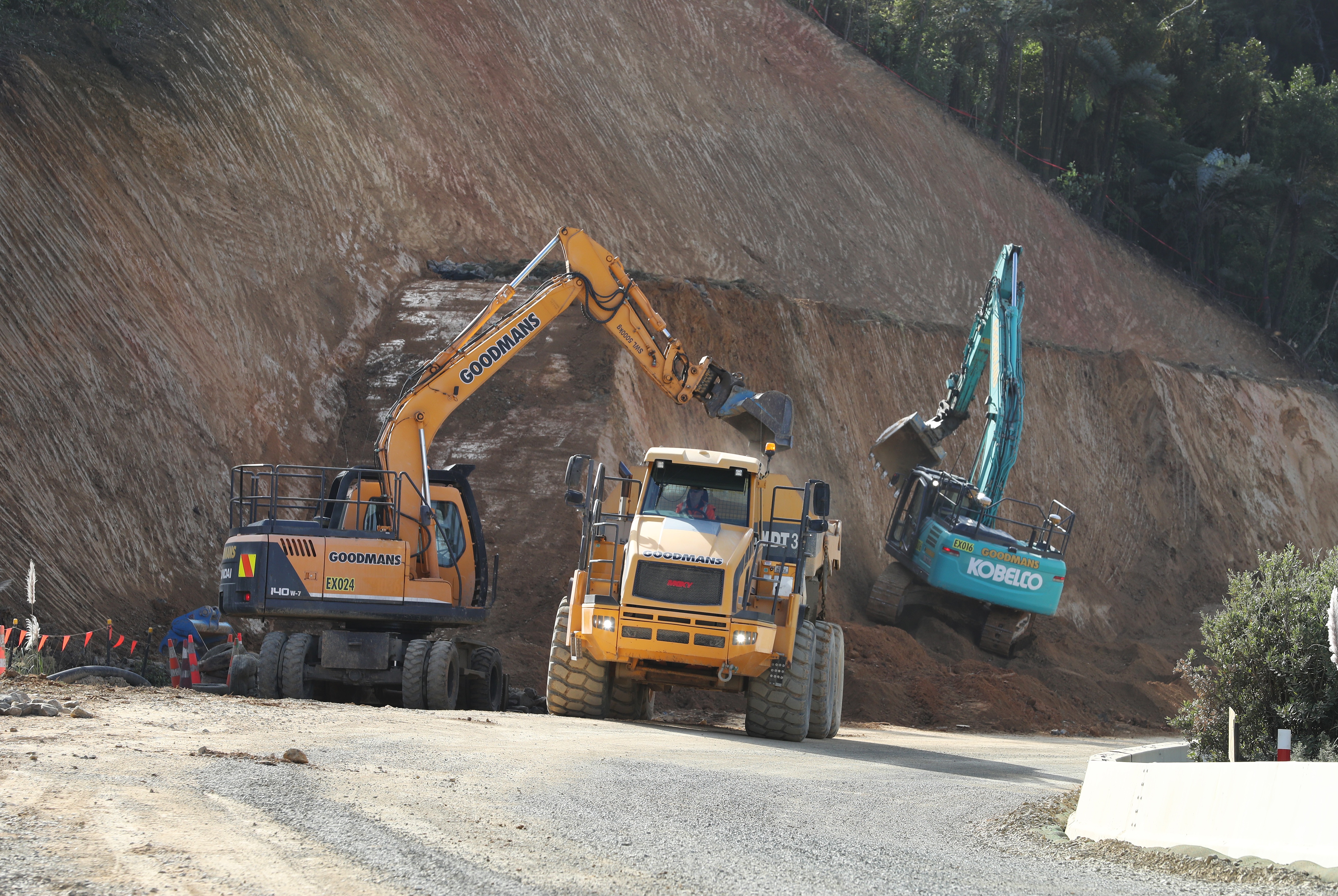 Contractors working on the Brynderwyn Hills resilience roading project have moved about 127,000 cubic metres of soil so far. Another 25,000 cubic metres is expected to be shifted during a final closure of the next month. Slopes are being benched and the road widened to minimise the risk of landslips and to create space to deal with those that will inevitably happen during future severe weather events.  Photograph by Michael Cunningham.