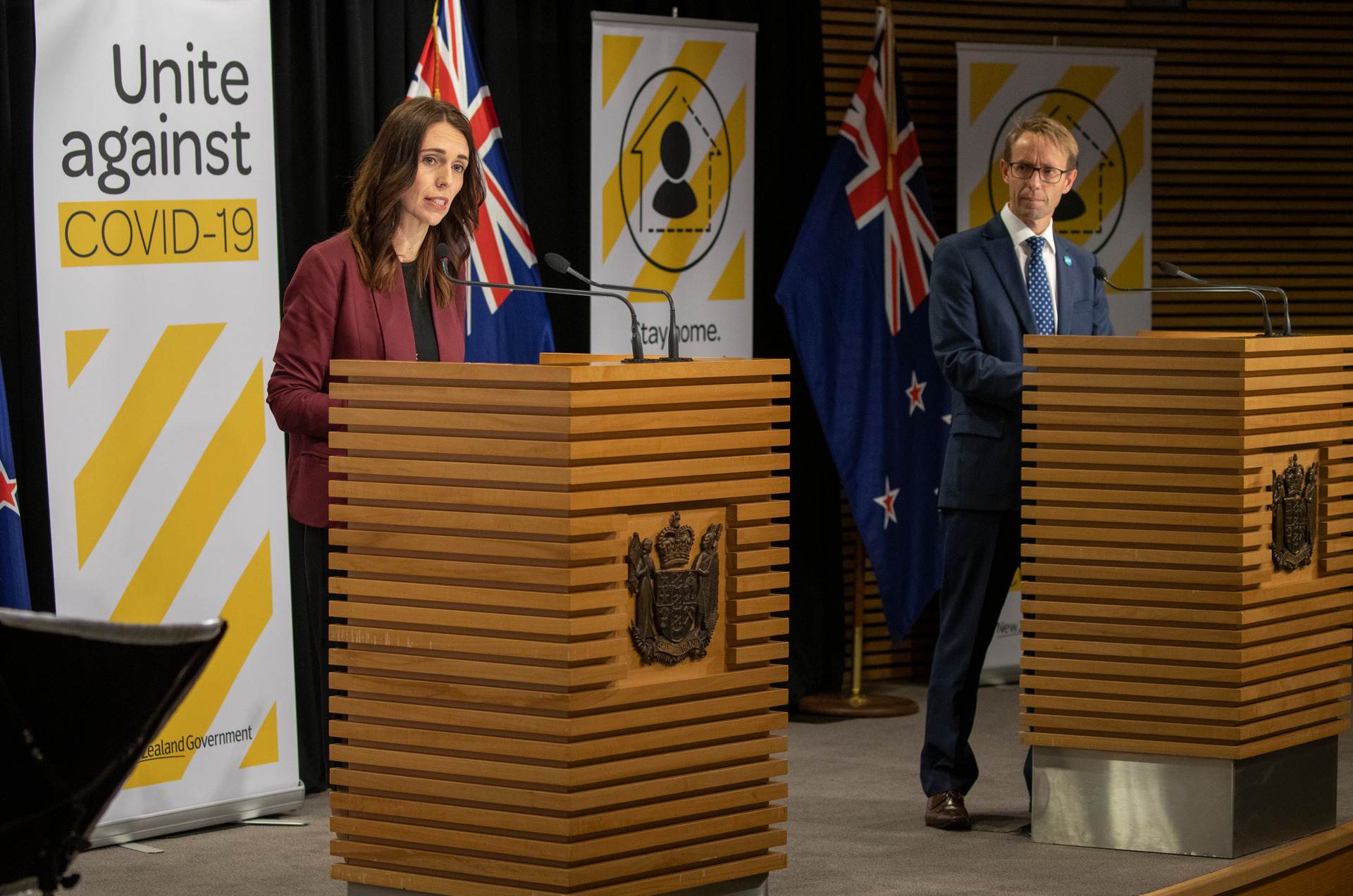 Prime Minister Jacinda Ardern spent many days in the Beehive theaterette with director general of health Ashley Bloomfield as they gave the nation Covid-19 updates. Photo / Mark Mitchell