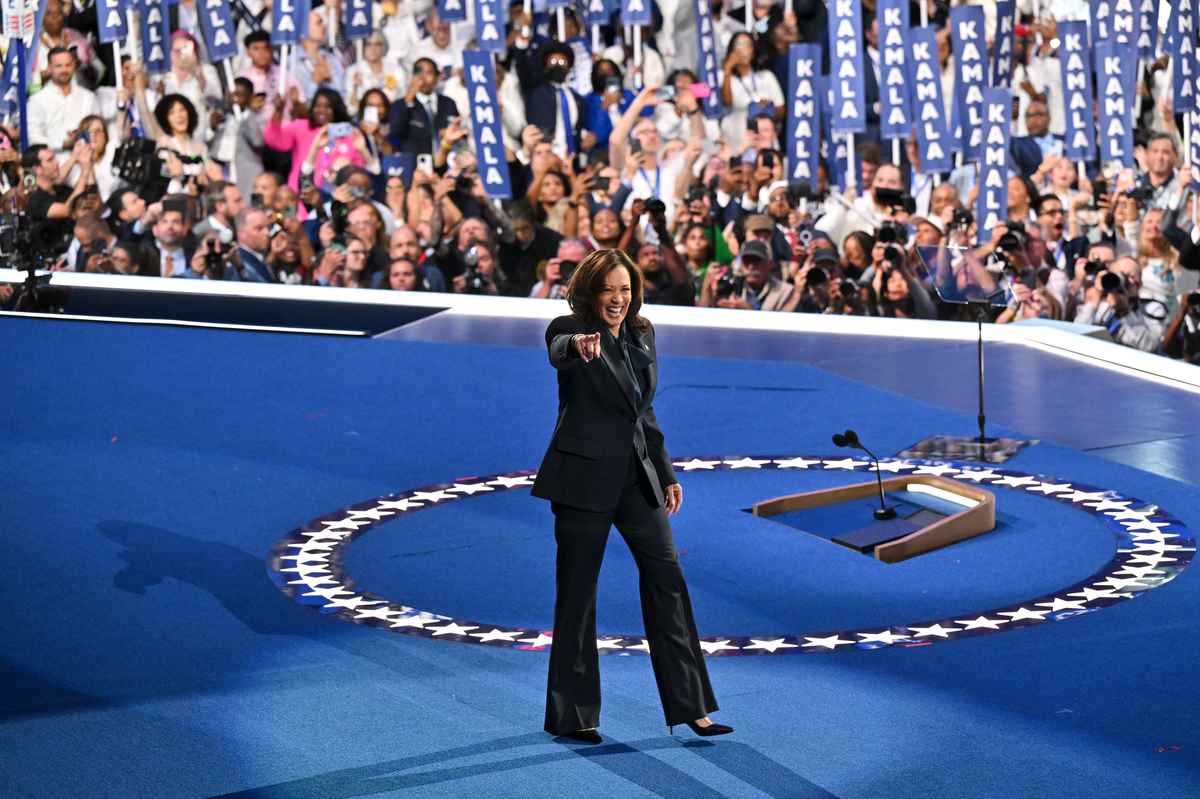 Vice-President Kamala Harris walks onstage to speak on day four of the Democratic National Convention at the United CentrE on August 22, 2024 in Chicago. Photo / Ricky Carioti, The Washington Post