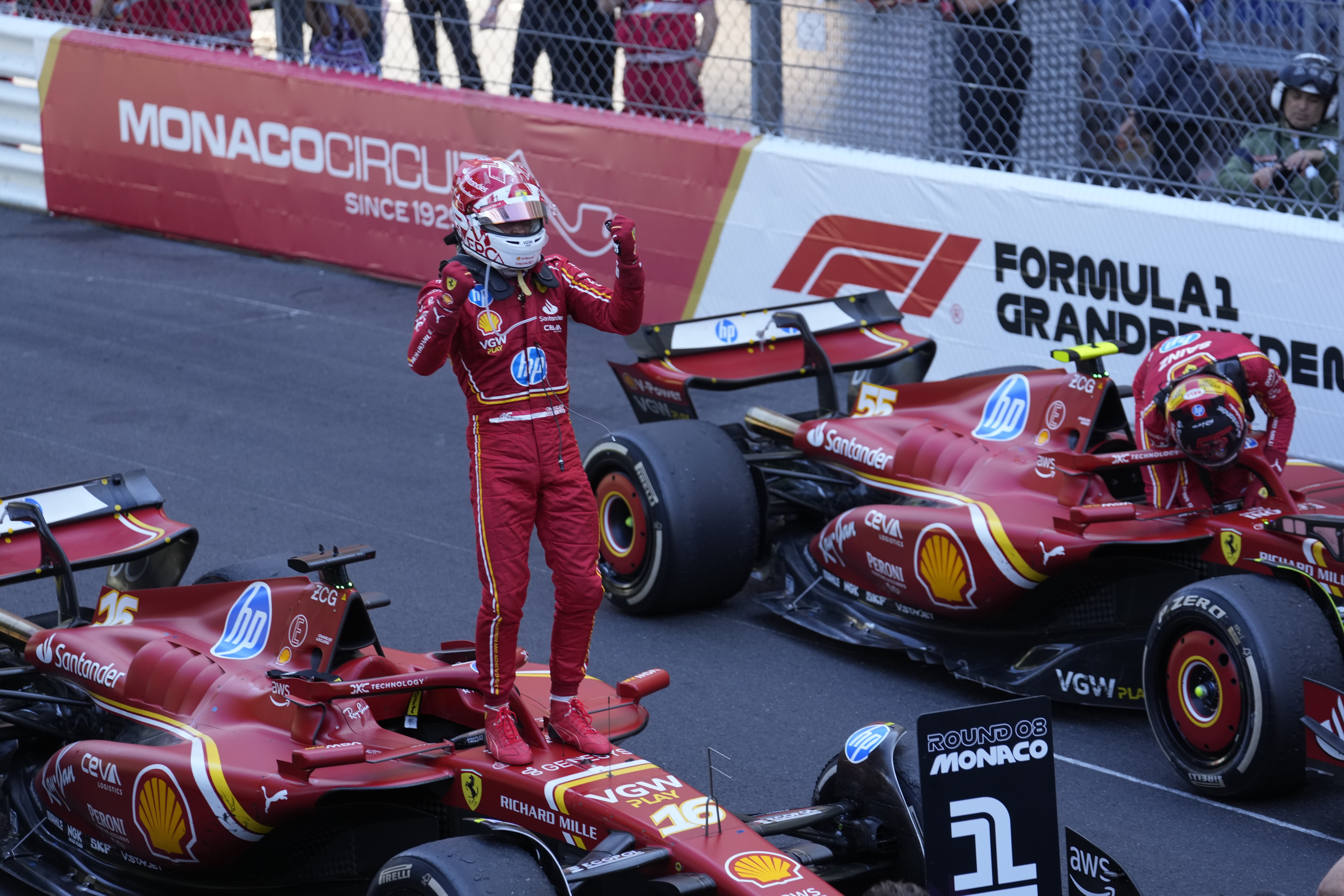 Ferrari driver Charles Leclerc of Monaco celebrates after winning the Formula One Monaco Grand Prix. Photo / AP