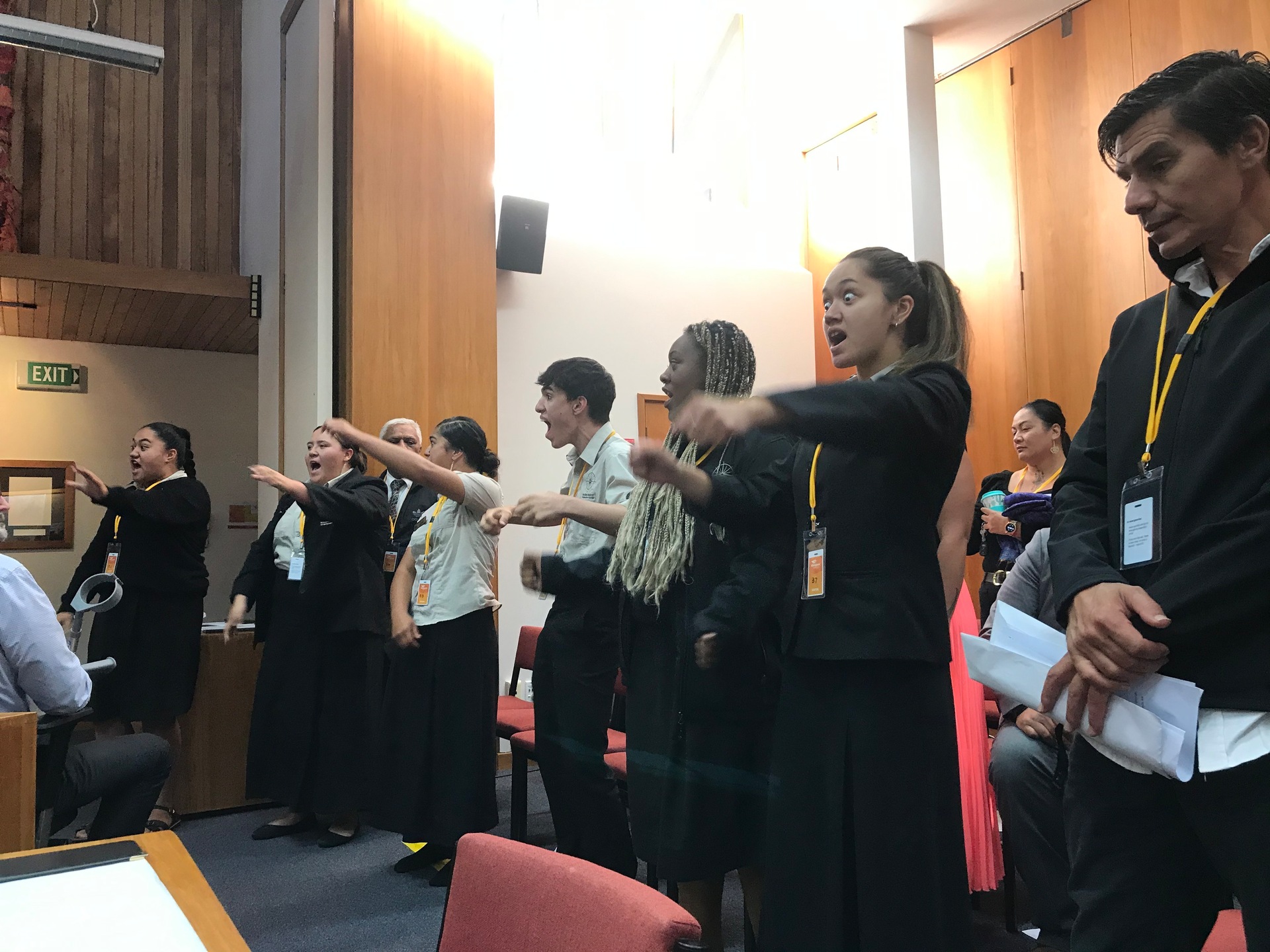 Te Kāpehu Whetū students perform a spontaneous haka after a move to overturn Māori wards was voted down at yesterday's Whangārei District Council meeting. Photo / Susan Botting