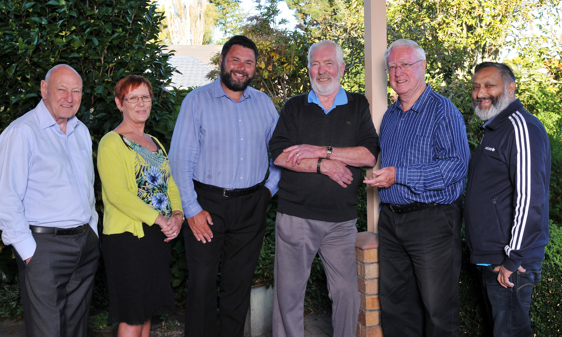 The RDRR endorsed council candidates Peter Jones (left), Linda Rowbotham, Conan O'Brien, Peter Bentley, Reynold Macpherson and Raj Kumar. Photo / Supplied