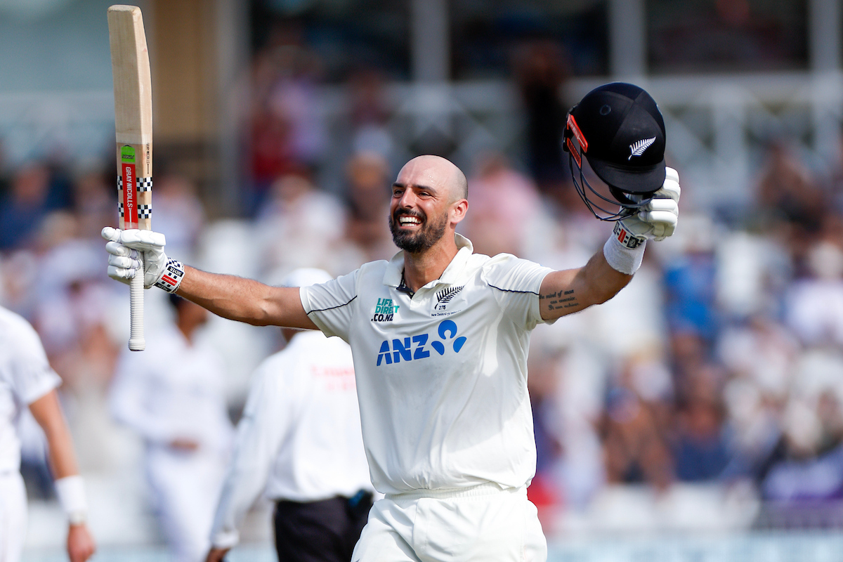 Daryl Mitchell celebrates his century against England at Trent Bridge. Photo / Photosport