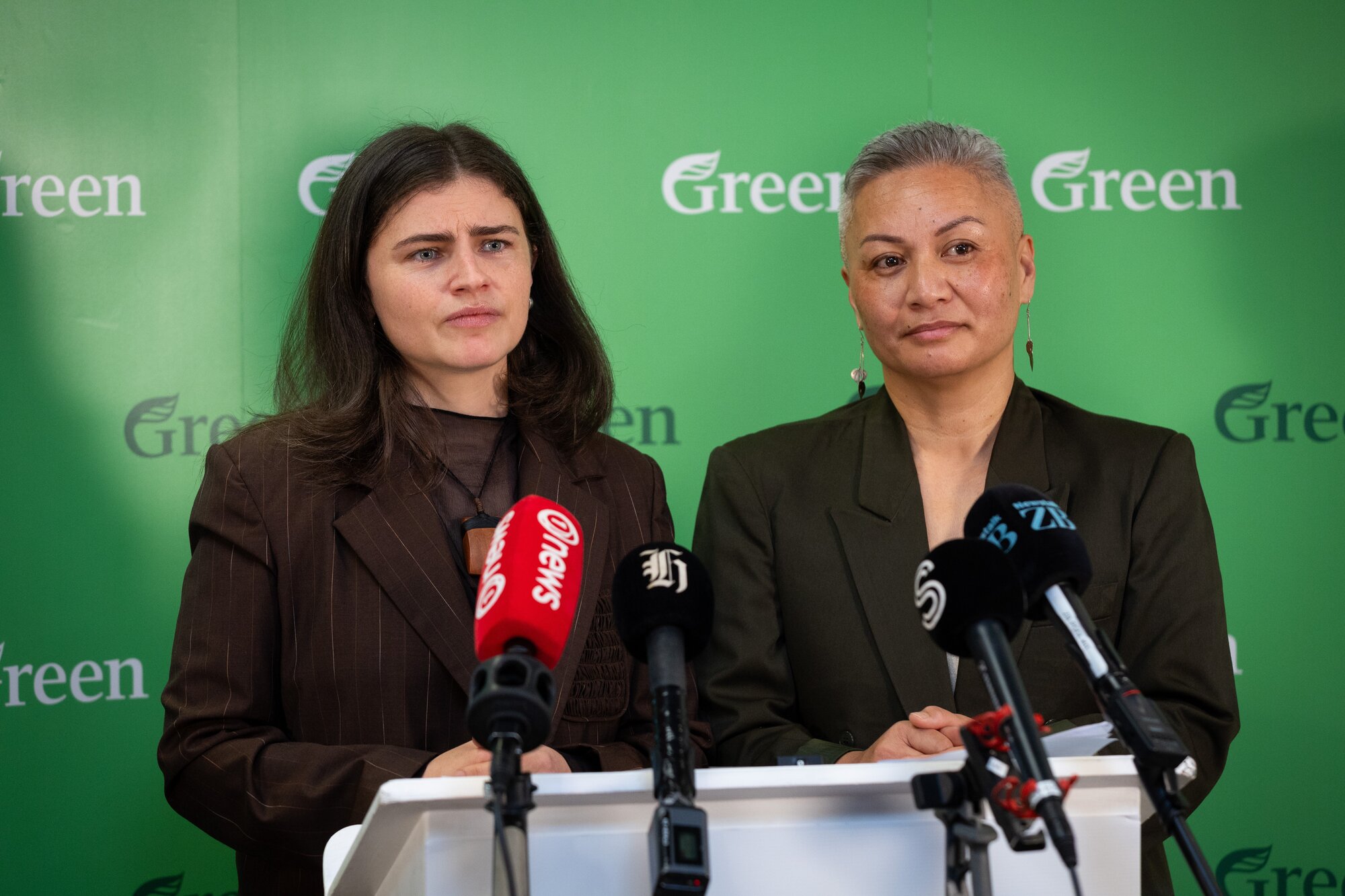 Green Party co-leaders Marama Davidson and Chlöe Swarbrick made their tax policy announcement on Sunday. Photo / Sylvie Whinray 