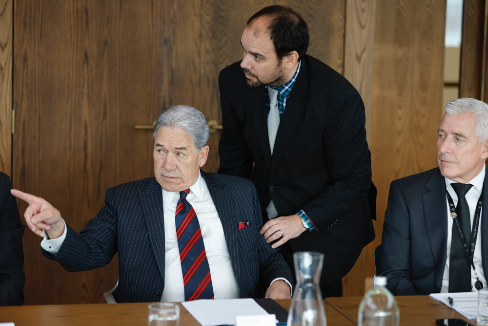 Peters at a meeting of the New Zealand China Council today, with Air NZ chief executive Greg Foran to the right. Photo / Michael Craig