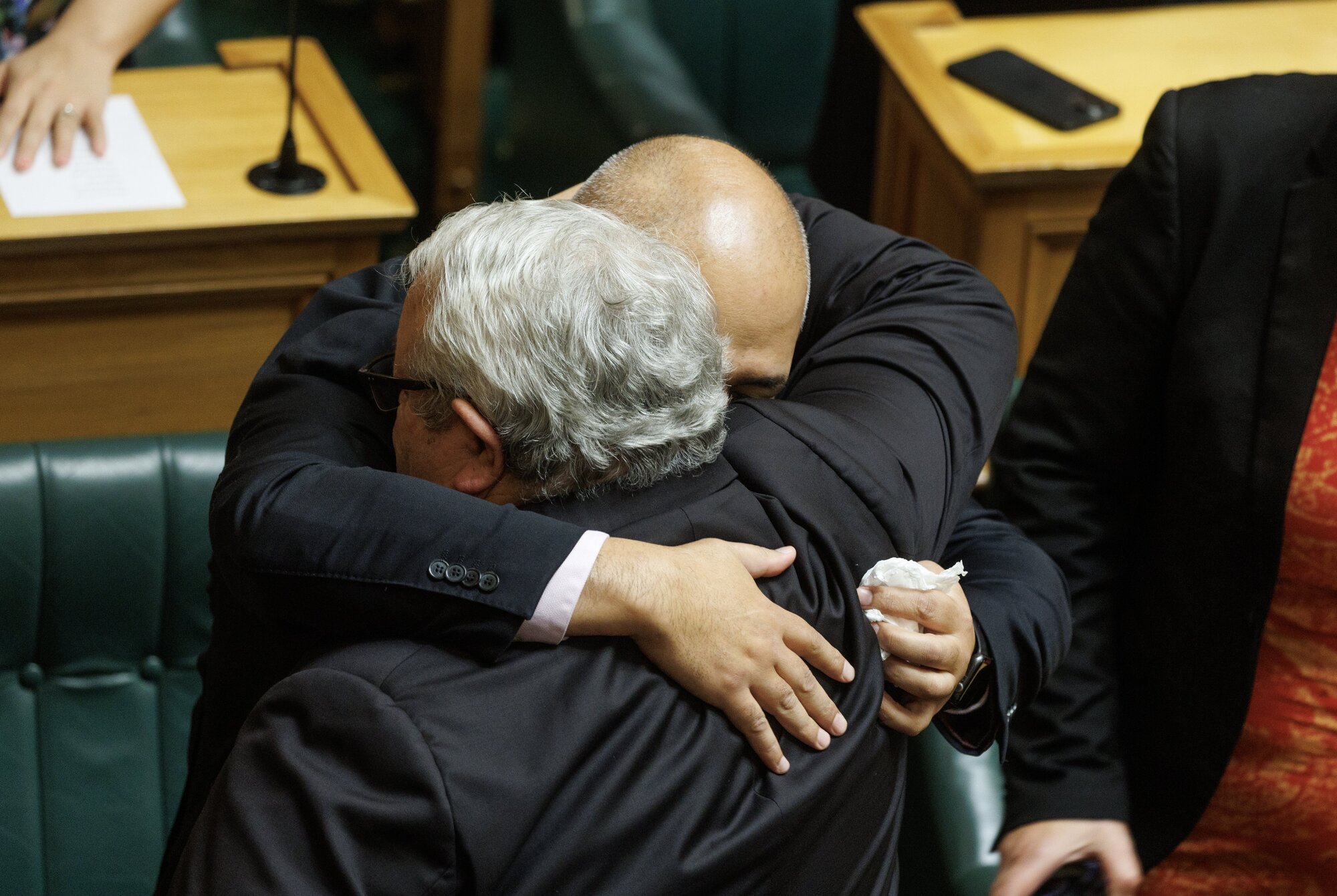 Labour MP Peeni Henare receiving a hug from Speaker Gerry Brownlee after a Parliament tribute to Te Pāti Māori MP Takutai Tarsh Kemp. Photo / Mark Mitchell