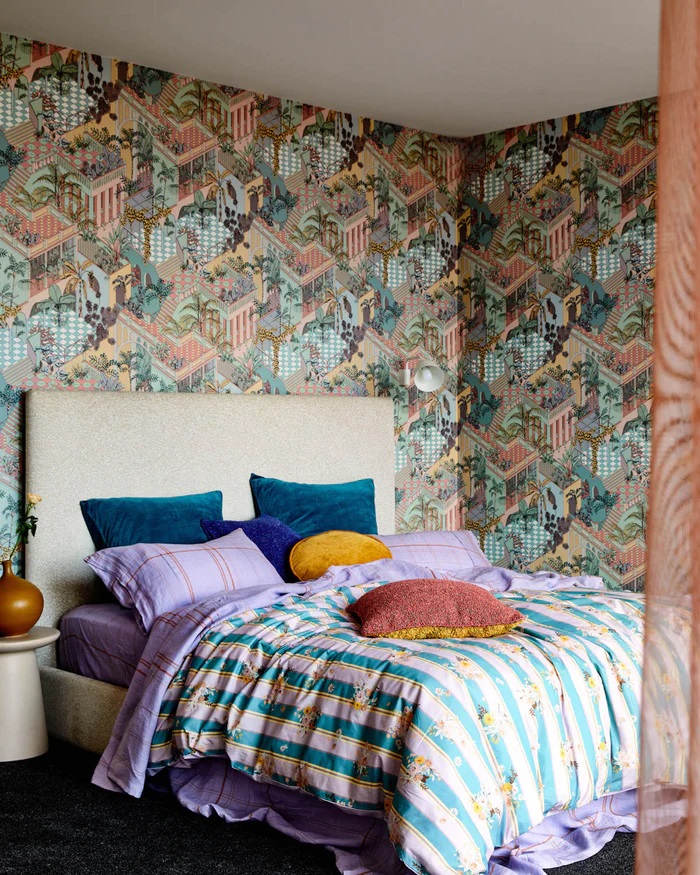 The Kip & Co Lagoon Teal velvet pillowcase and the floral stripe quilt. Photo / Kip & Co