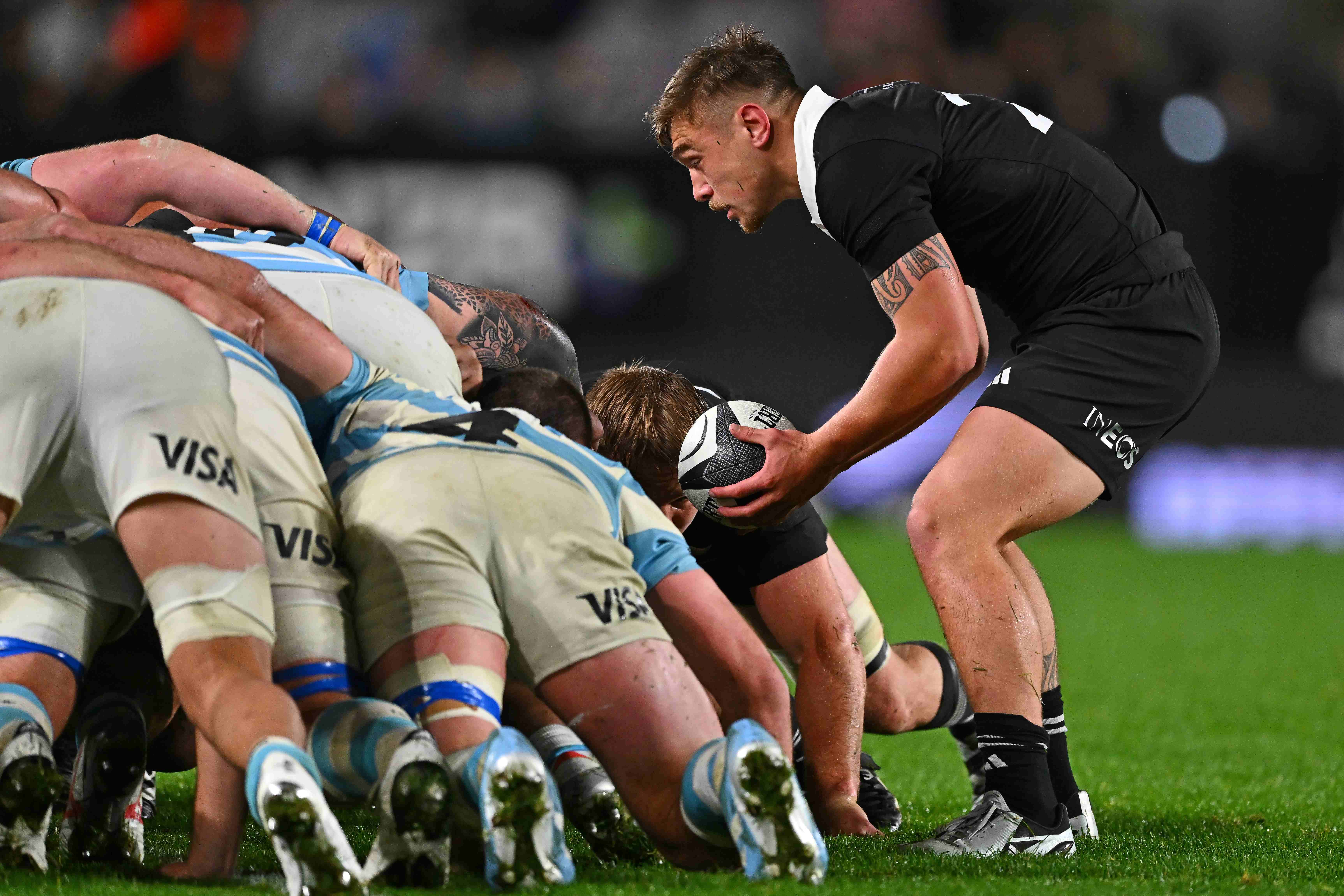 Cortez Ratima feeds a scrum against Argentina. Photo / Photosport