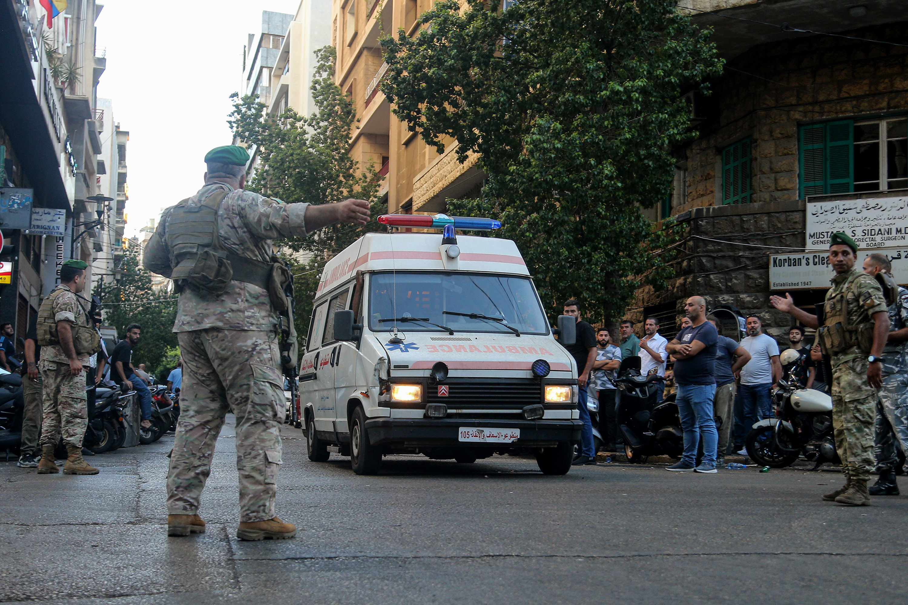 Lebanese army soldiers secure the area for an ambulance to get through after a coordinated attack caused pagers to explode across Lebanon. Photo / Getty Images
