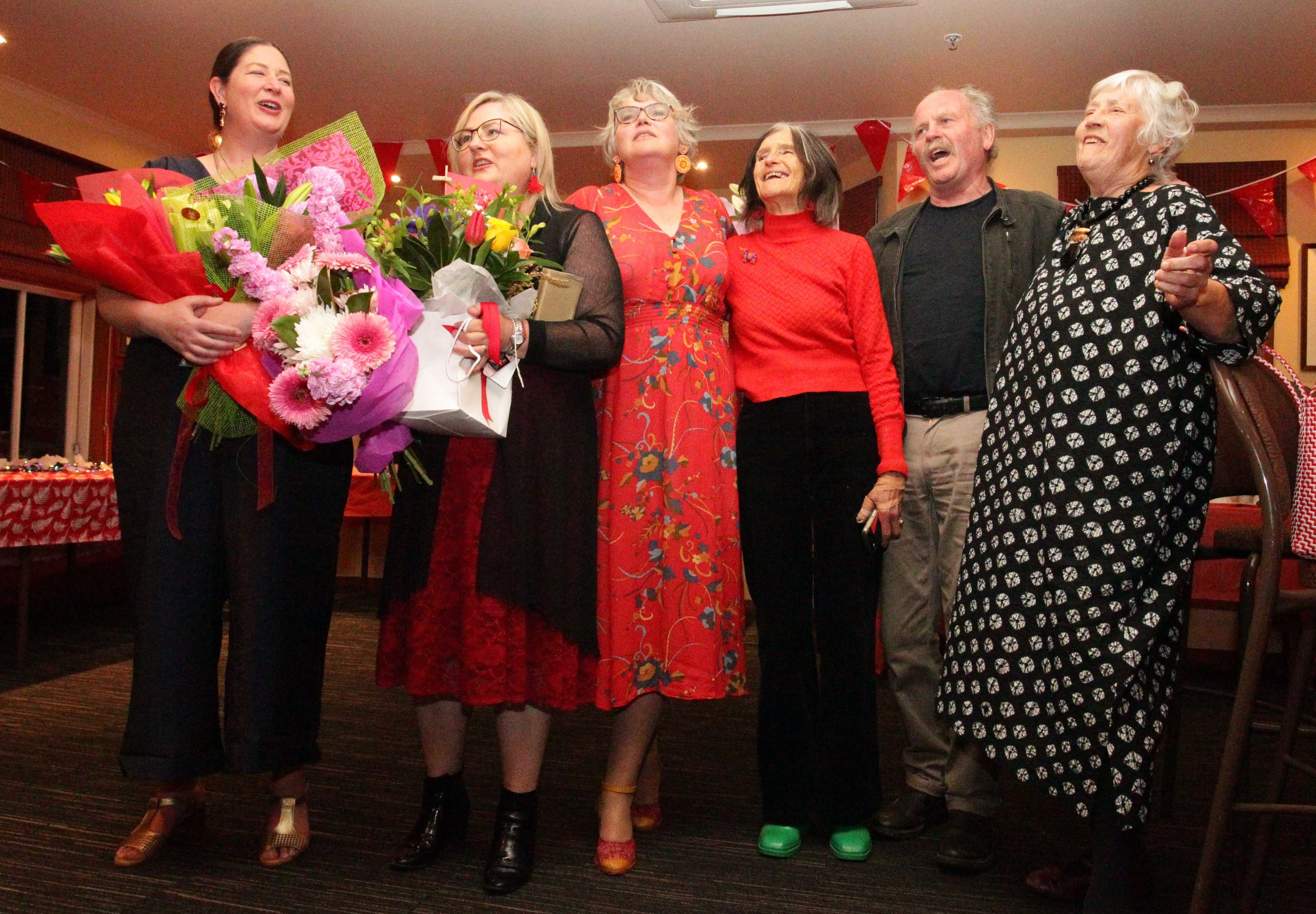Labour's Willow-Jean Prime, Angie Warren-Clark, former MP for Whangārei Emily Henderson and her mother Patsy Henderson Watt, Stuart Henderson, and Whangārei District councillor Carol Peters. Photo / Tania Whyte