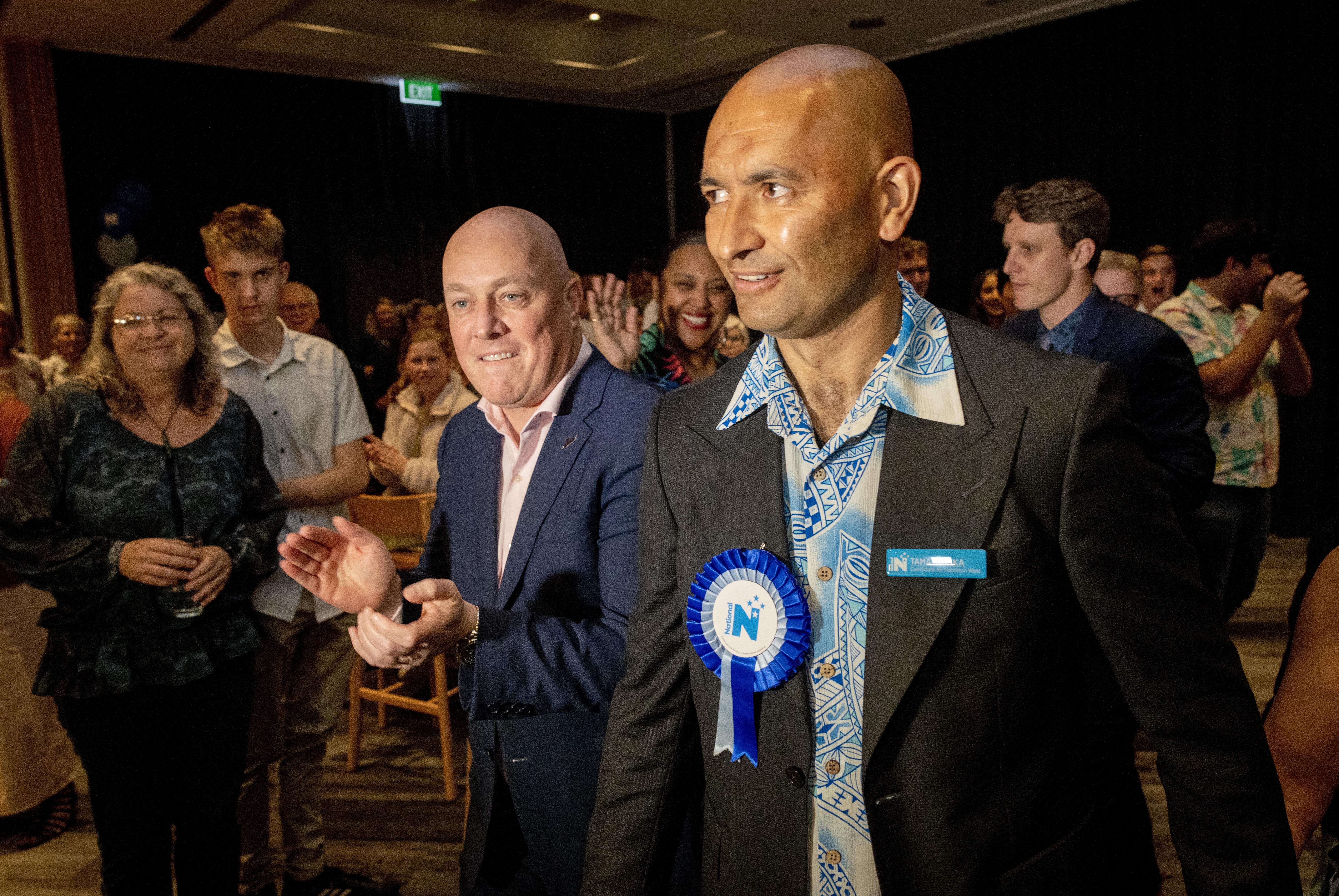 New Hamilton West MP Tama Potaka is flanked by National Party leader Christopher Luxon. Photo / Mike Scott