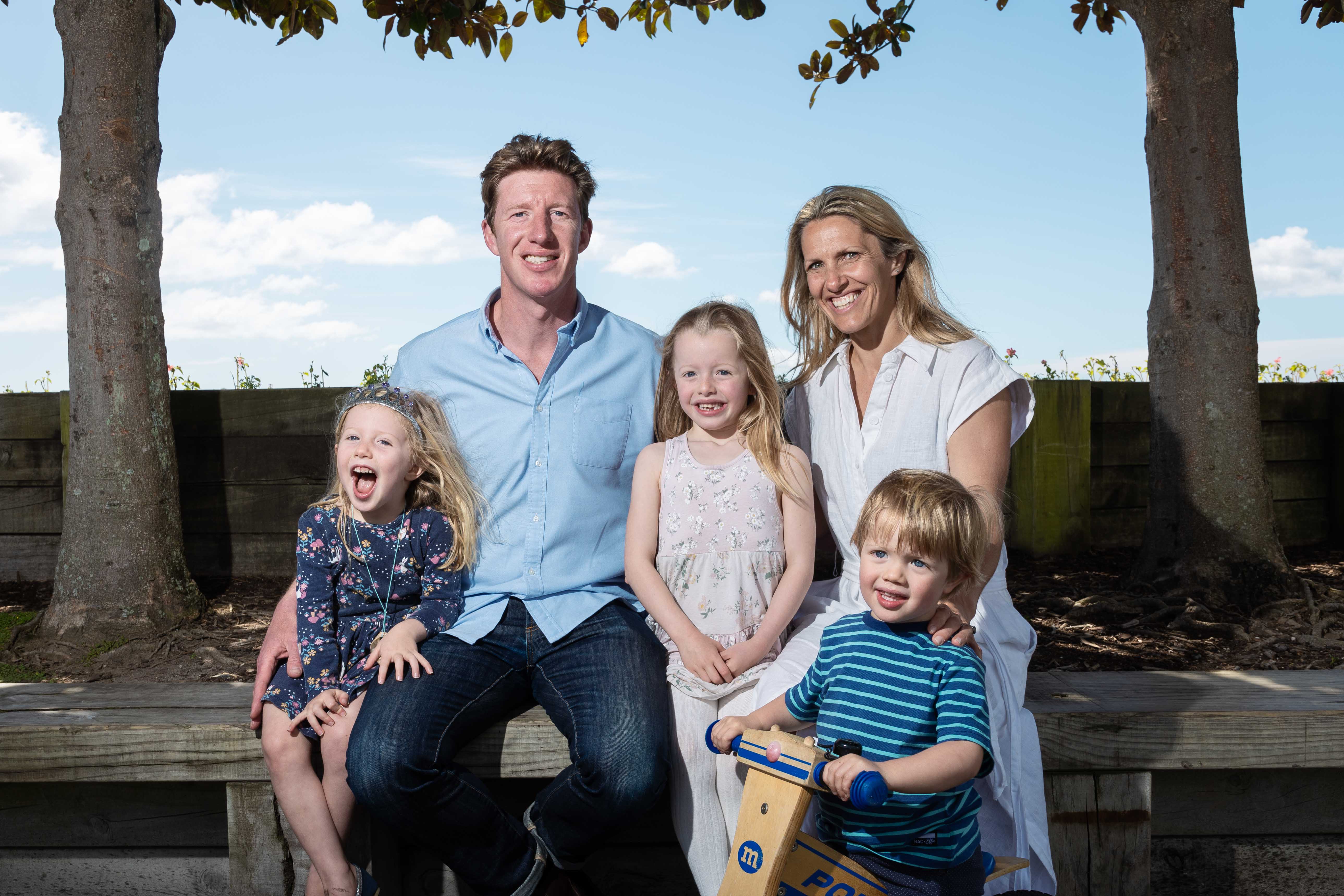 Sam Uffindell and his wife Julia and their children, daughters Zippy, 4, Lily, 6, and 2-year-old son Teddy. Photo / Alex Cairns