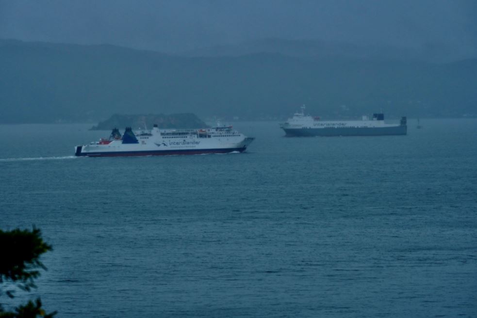 Valentine (right) making a misty arrival in Wellington, passing the Aratere as it heads out on the
Cook Strait run. Photo / Supplied 