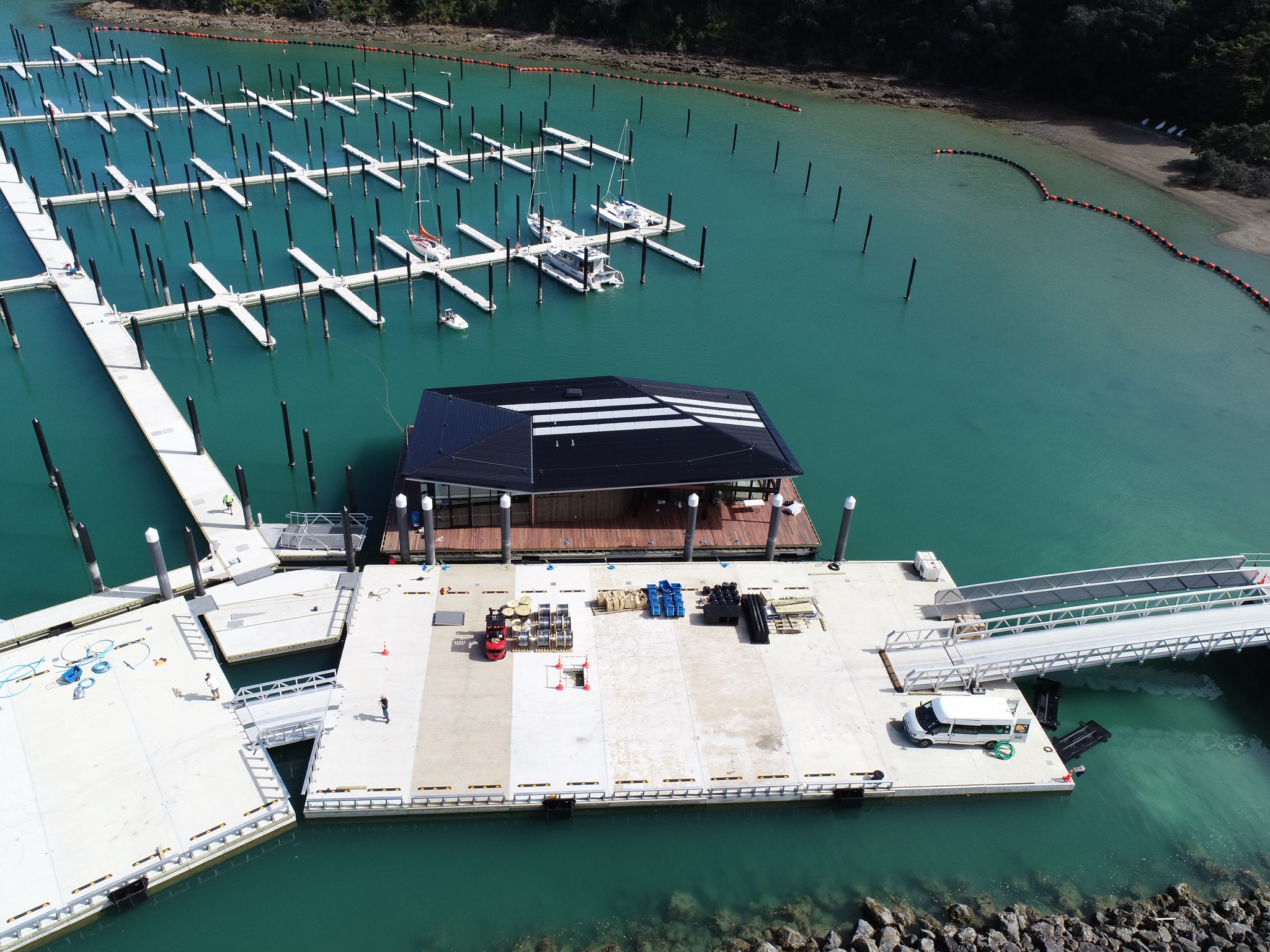 The new floating services building is in place and the marina is due to open soon. Photo / Kennedy Point Marina