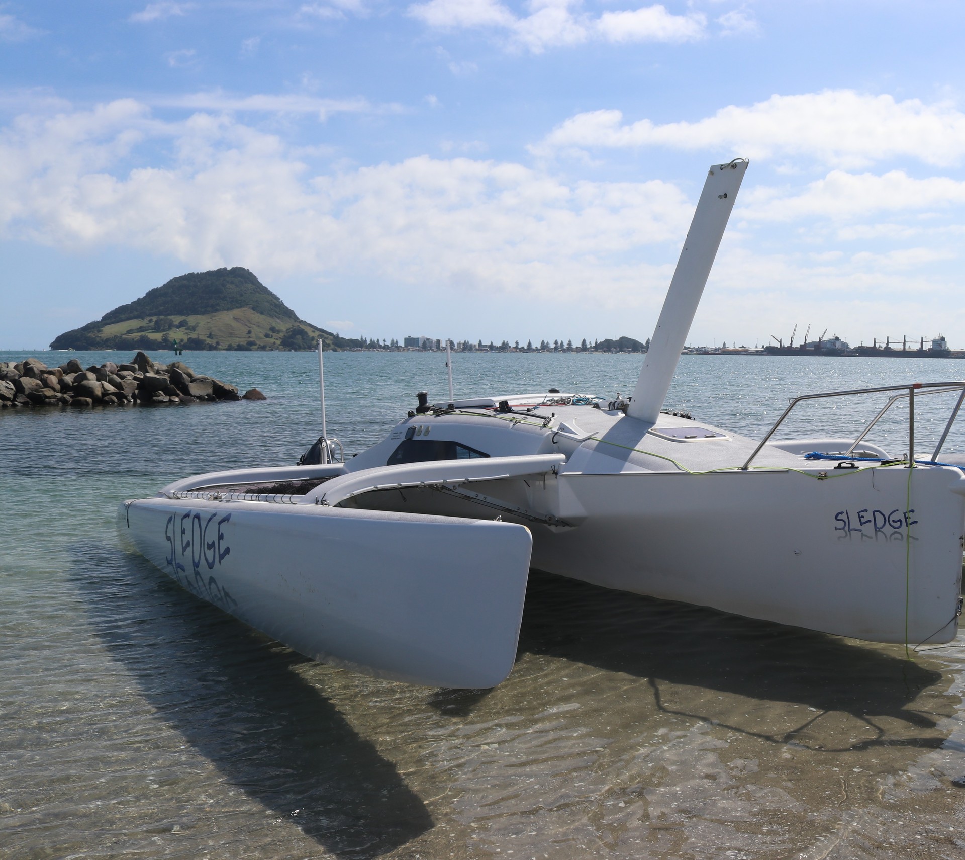 The Trimaran outside the Tauranga Yacht and Power Boat Club the morning after its collapse. Photo / Talia Parker