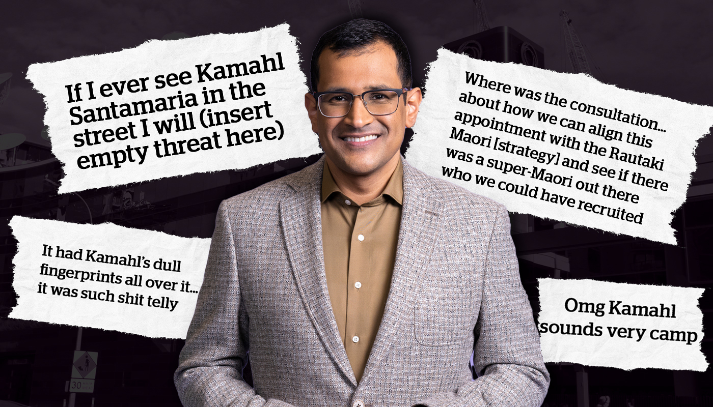 Former TVNZ host Kamahl Santamaria and some of the internal TVNZ messages he has released.