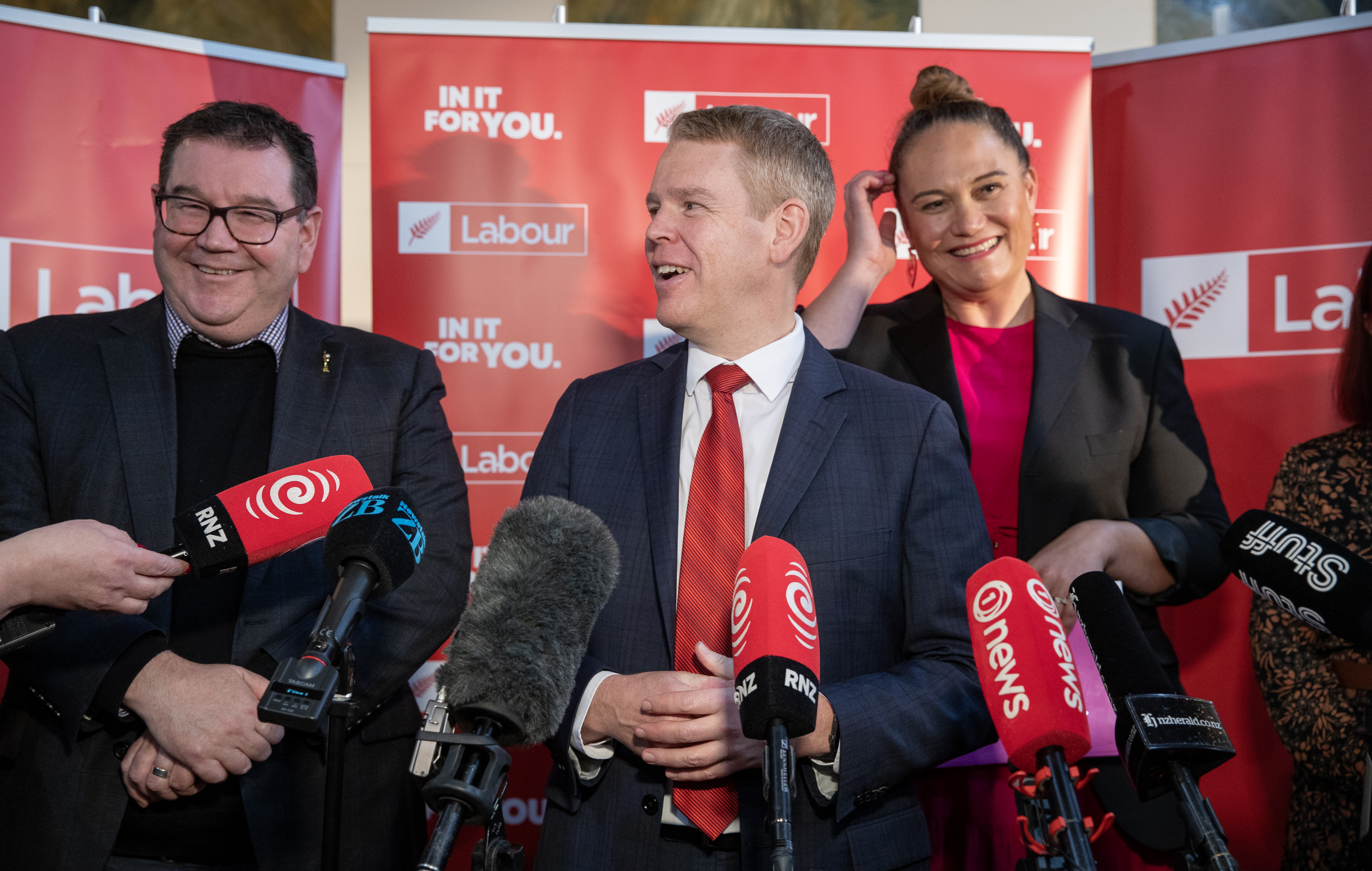Labour Leader Chris Hipkins, flanked by Grant Robertson and Carmel Sepuloni, during their media standup. Photo / Mark Mitchell
