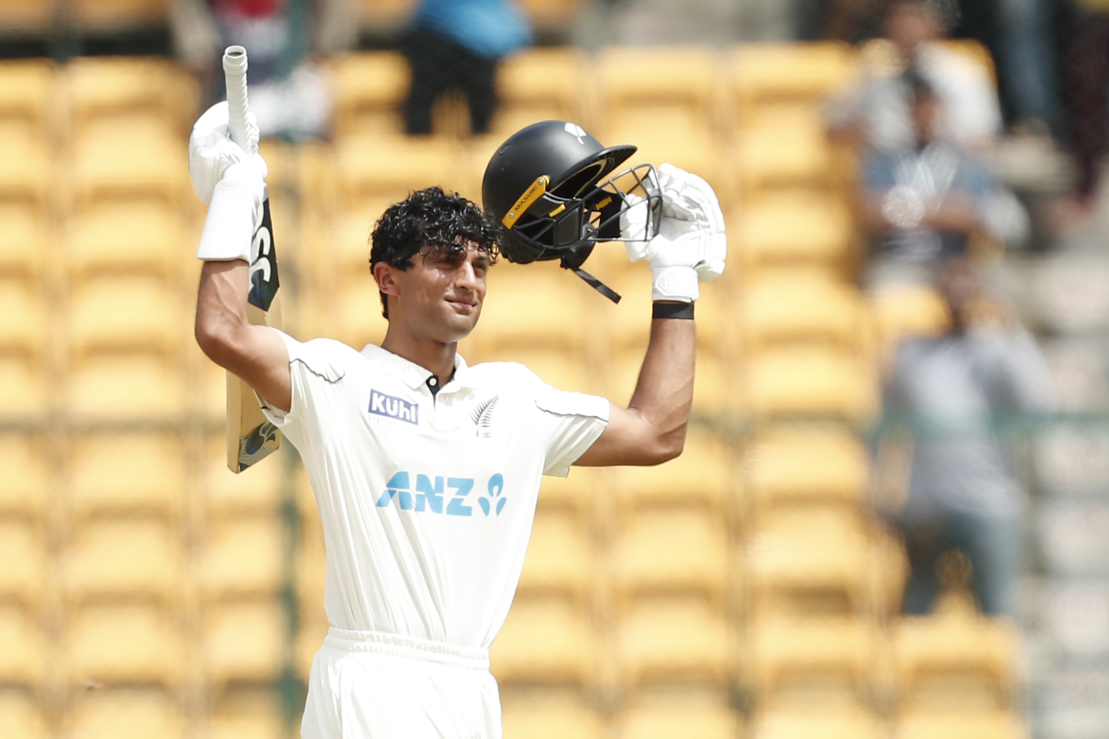 Rachin Ravindra celebrates his century against India. Photo / Photosport